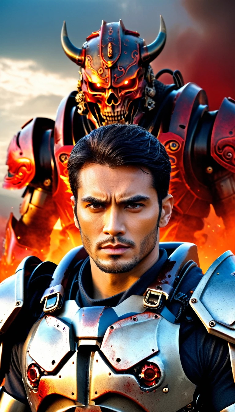 Close-up of a ((extremely handsome male warior)) , half human, half beast. Their eyes are filled with sadness and longing. The background is a trail of blood and violence. He wears a mechanized robot armor, carved with animal elements, human skulls. The sky is filled with swirling, fiery clouds. The photo conveys a strong sense of the warrior's appearance