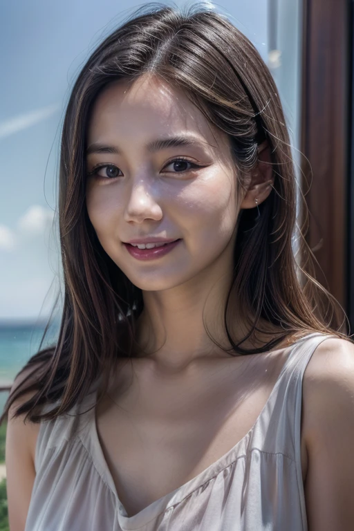 One girl,(Wearing a v-neck sleeveless top),( Sheer blouse),(RAW Photos, Highest quality), (Realistic, photo-Realistic:1.4), masterpiece, Very delicate and beautiful, Very detailed, 2k wallpaper, wonderful, In detail, Very detailed CG unity 8k wallpaper, Very detailed, High resolution, Soft Light, Beautiful detailed girl, Very detailed eyes and face, Beautifully detailed nose, Beautiful attention to detail,Cinema Lighting,Clear blue sky,coastline,The cape is visible in the distance,Perfect Anatomy,Slender body,smile  