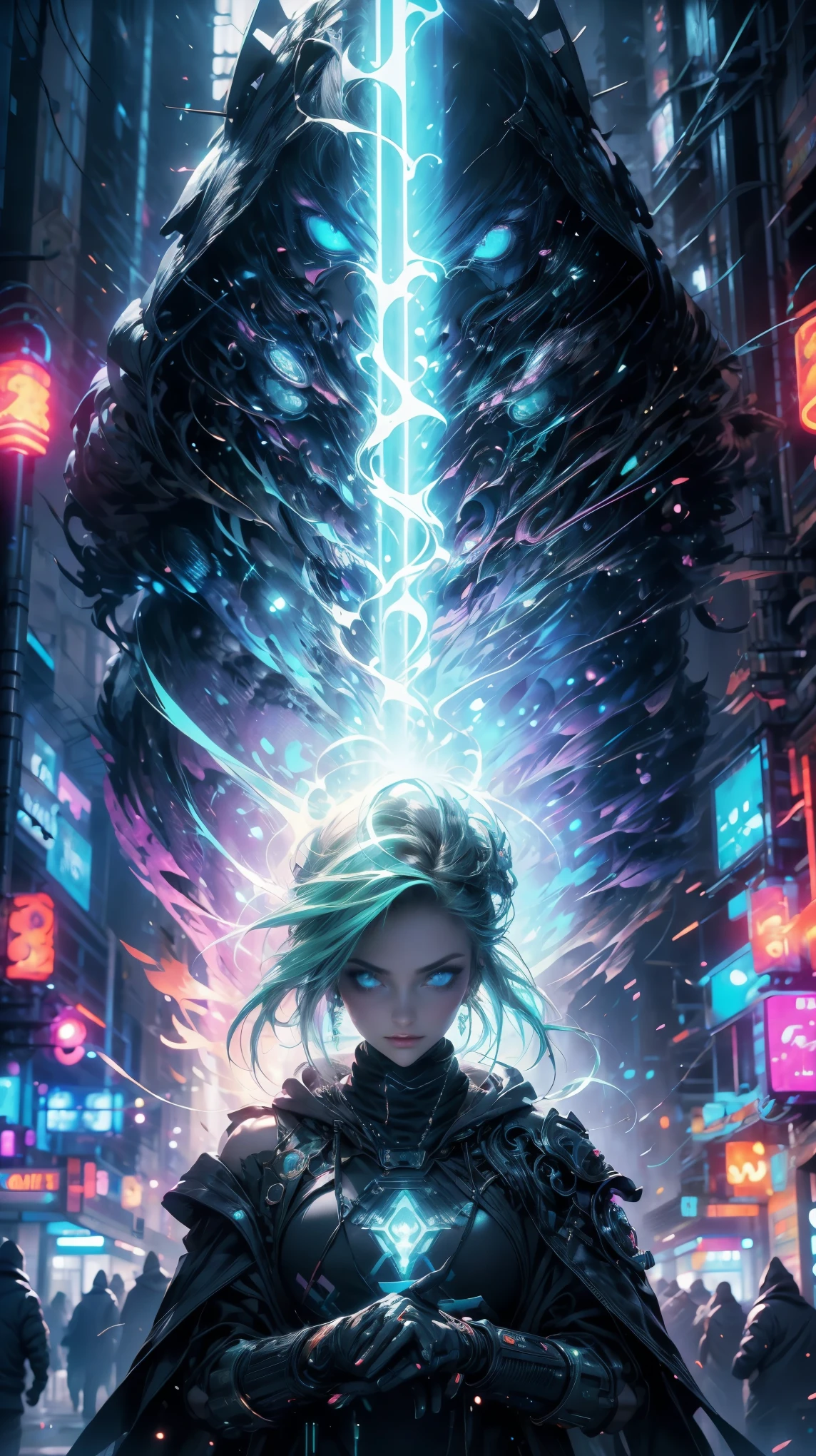 In the heart of the cyberpunk universe a young beautiful woman with glowing neon green middle hair, oversize hoodie with phosphorescent lines, Energy rays emanated from her body. in a cyberpunk night city, creates a underground criminal movie atmosphere, futuristic buildings adorn every corner of the city in night. dynamic angle, capturing the intensity of the moment, fine quality cyan eyes, intense cyan eyes, looking at the camera, ultra detailed, Beautiful and aesthetically pleasing, masterpiece, Best quality score, Extremely detailed, dynamic angle, raytraced, middle body, close up, energy particles, cyberpunk hoddie, headphones around the neck, oversize hoodie with phosphorescent lines, Urban jewelry. anime style