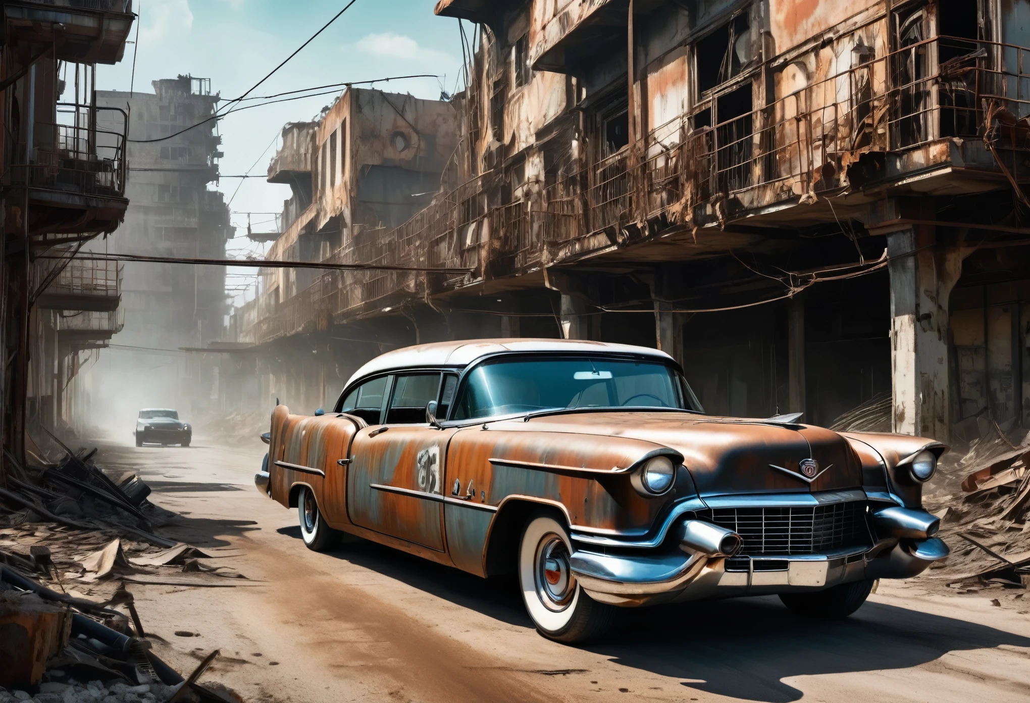 faithful image of an old rusty 1955 cadilac eldorado with METAL spikes on the hood, War vehicle, WITH MANY THORNS AROUND. THICK WHEELS, front with a rusty checkered metal anti-zombie grille; military style with modifications, the car races on a street suspended over a destroyed white concrete overpass in the center of a post-apocalyptic city with many buildings around, steampunk car, dramatic art, dieselpunk art style, apocalyptic road warrior vibe, there is a girl with sunglasses driving in the car, surreal digital art, mad max inspired, heavy metallic artwork, chrome face symmetry, arte steampunk digital, this&#39;It&#39;s not the Mad Max style, metallic art, this&#39;s not Filip Hodas&#39; artwork style, steampunk digital art, dieselpunk, in a hightech world, photo on the diagonal