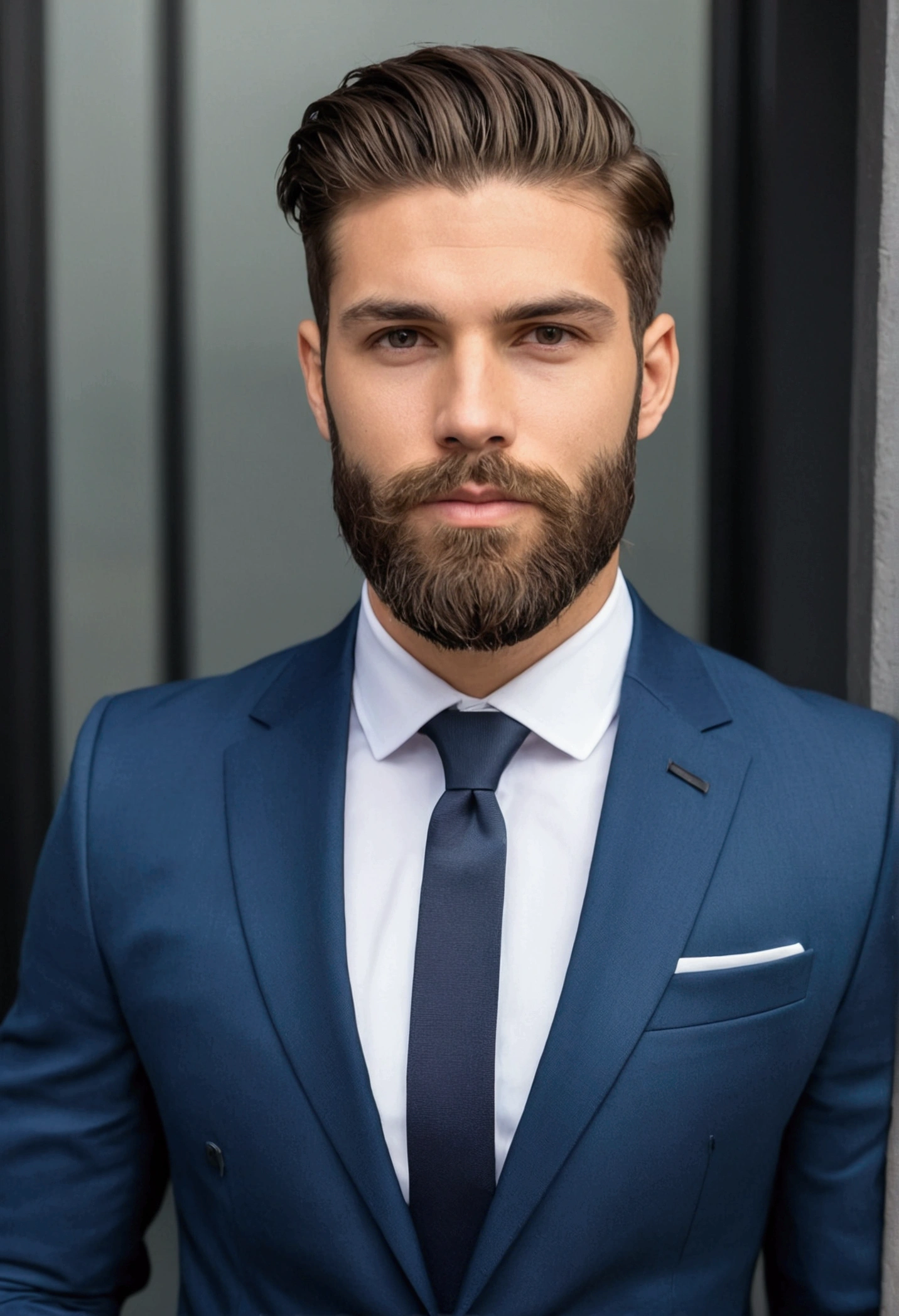 attractive 28 year old man in Hugo&#39;s boss&#39;s business suit , Beautiful beard , Sexy executive man, Terno then, Front camera front focus, portrait mode, perfectly straight in front of the camera