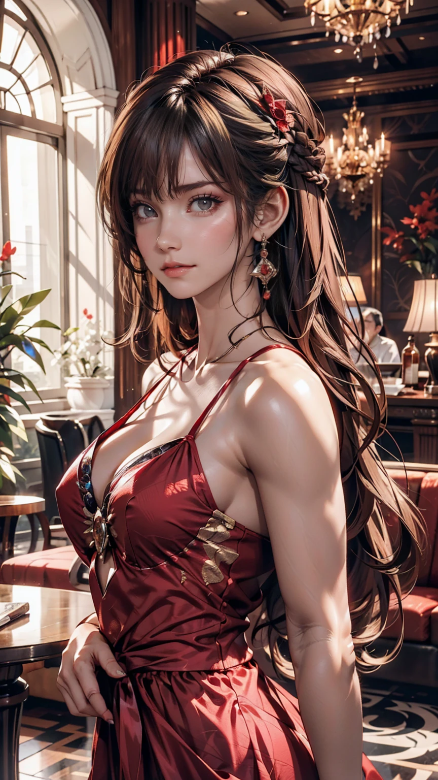 Model posing in a luxury hotel lobby。Crimson evening gown、Diamond Earrings、Her hair is elegantly set in an updo