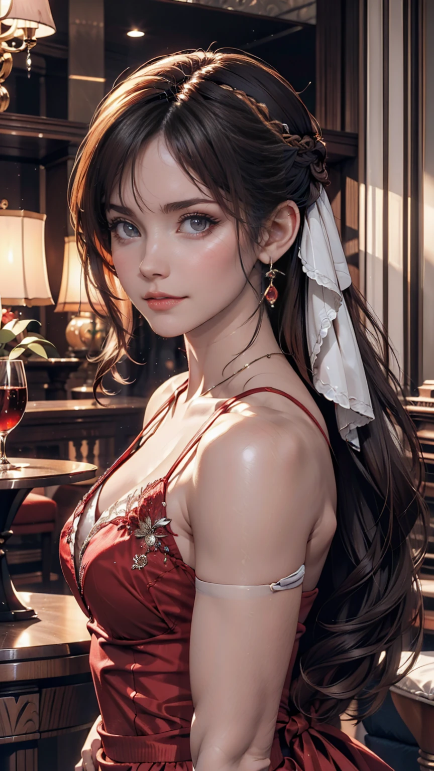 A Japanese woman with a dark and mysterious aura、Gothic Fashion。Black lace dress、Red Lip、antique accessories、In the background is the stained glass of an old church