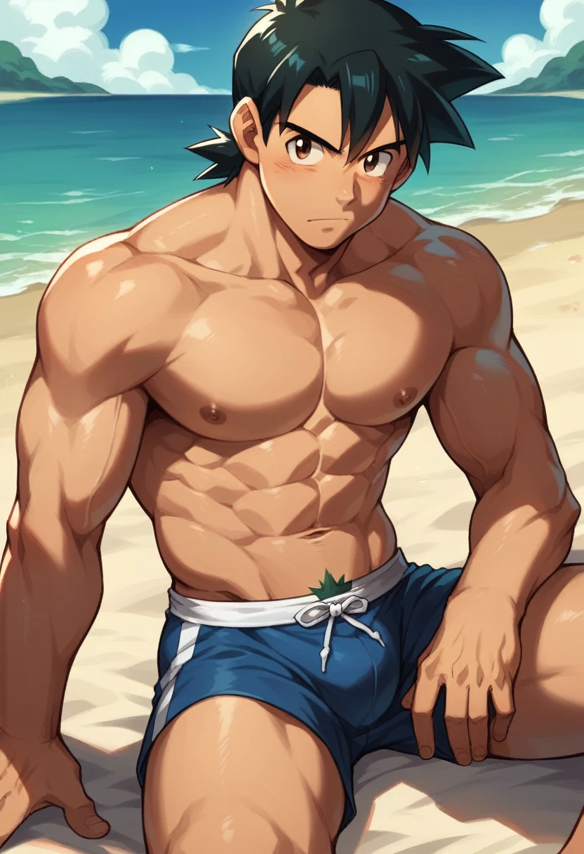 1boy, 1solo, ash ketchum, black hair, brown eyes, hair between eyes, ash ketchum, on beach, shirtless, male swimwear, handsome boy, macho, good looking boy, sexy poses