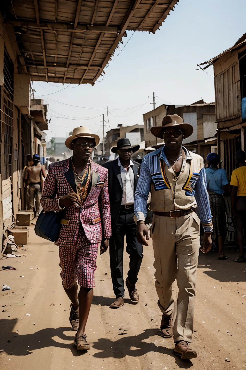 a vibrant and dynamic scene featuring the sapeurs of Congo walking and striking poses for a photograph. The sapeurs should be dressed in bright, colorful suits with unique patterns and designs. They should be wearing stylish glasses and carrying fashionable bags. The background should depict a bustling slum area in Congo, with dusty dirt roads and makeshift homes constructed from corrugated metal sheets. Include many people in the scene, reflecting the lively atmosphere. The contrast between the sapeurs' sophisticated attire and the humble, rough surroundings should highlight their resilience, confidence, and unique sense of style amidst adversity.