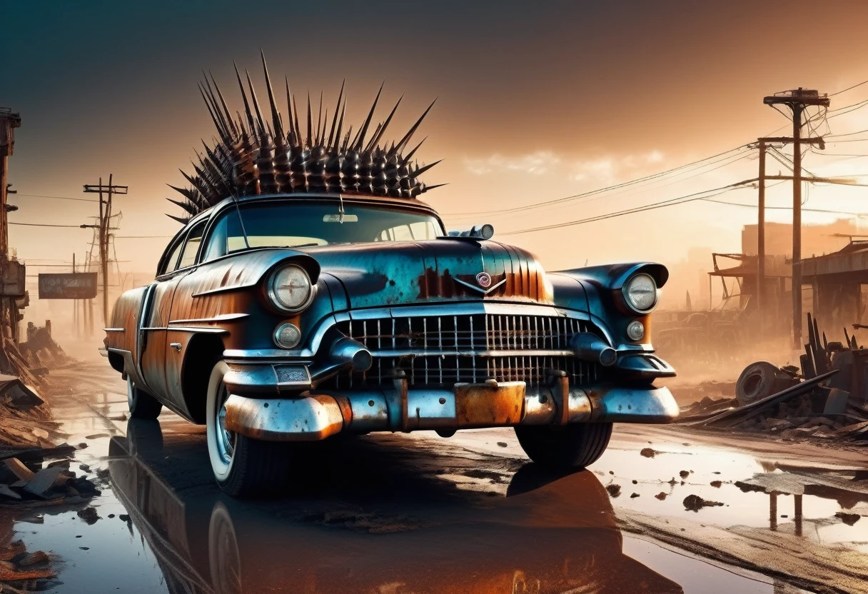 faithful image of an old rusty 1955 cadilac eldorado with METAL spikes and skewers on the hood, War vehicle, WITH MANY THORNS AND SPIKES AROUND. THICK WHEELS, front with a rusty checkered metal anti-zombie grille; military style with modifications, the car races on a street suspended over a destroyed white concrete overpass in the center of a post-apocalyptic city with many buildings around, steampunk car, dramatic art, black glass, dieselpunk art style, apocalyptic road warrior vibe, there is a girl with sunglasses driving in the car, surreal digital art, mad max inspired, heavy metallic artwork, chrome face symmetry, arte steampunk digital, this'It's not the Mad Max style, metallic art, this's not Filip Hodas' artwork style, steampunk digital art, dieselpunk, in a hightech world, photo on the diagonal