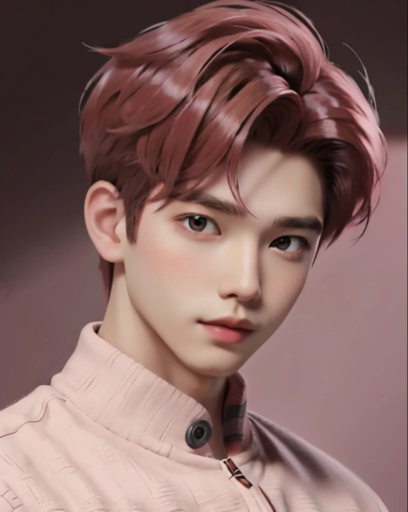 best quality, 1boy, solo, cartoon portrait , background, short hair, pink lips, red hair, wearing red varsity jacket