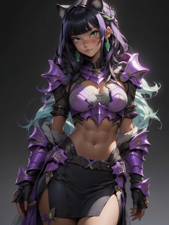 Be realistic，（masterpiece，Highest quality，Highest quality，Very detailed，Fractal Art，Most detailed，（Abstract background：1.5）（1 girl），Kamimei，（紫色のLong Hair），（Cat ear, puppet, Green Eyes, Pale skin, Purple Hair, Long Hair, Blunt bangs, Braiding,Big Breasts、Toned Abs，Stunned)、crystallization，bikini、sexy、Machinery Armor、Sunburned skin、(Black Pencil Skirt)