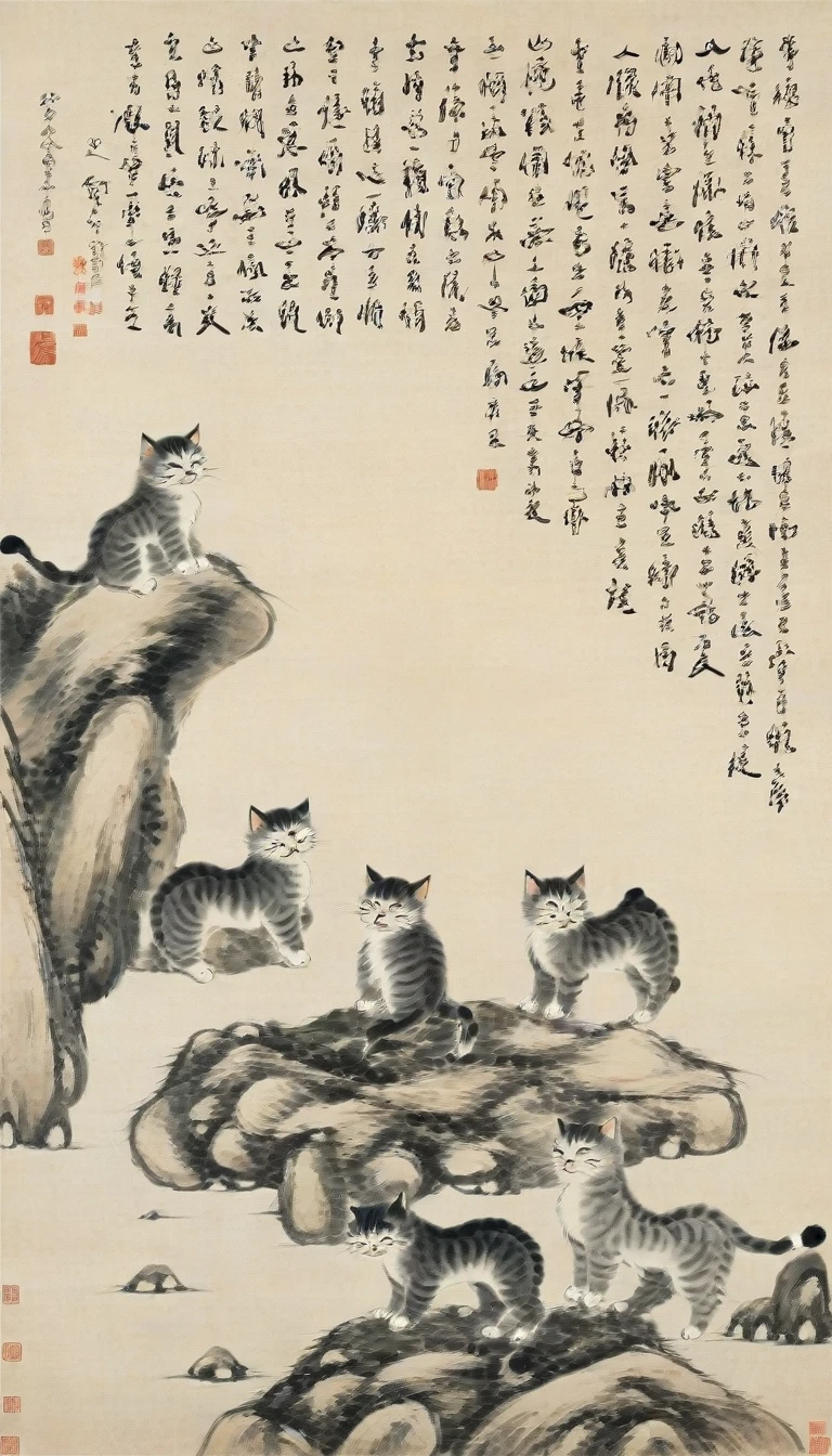 Chinese landscape painting,High resolution,No humans,flock of kittens,the art of chinese calligraphy,Asian Artwork,Traditional Chinese Painting,ink flock of kittens drawing,calligraphy,parchment,Vertical composition,Minimum,Brush strokes,cultural,Seal Art,antique,artistic,Single subject,Text Overlay,Fine art,Chinese Text,Ink Painting,