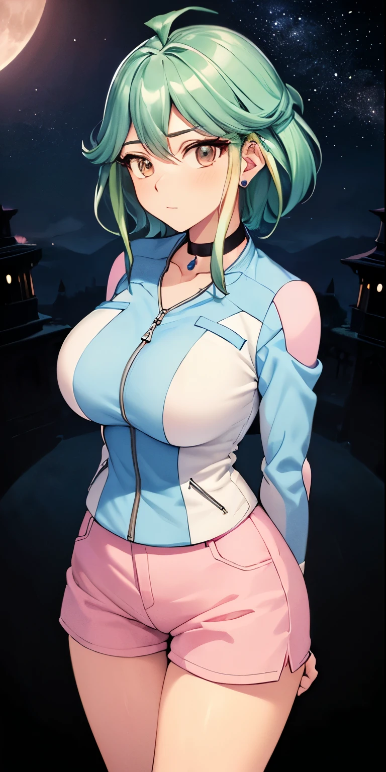 masterpiece, best quality, ultra-detailed, illustration,masterpiece, 8k,Best quality, high resolution, high resolution, rin_arc_v,  1girl,  solo,  (large breasts,  medium breasts:1.2),  (wide hips:1.2),  (blue jacket,  long sleeves:1.2),  (pink shorts,  short shorts:1.3),  black choker,  barefoot,jewelry ,beautiful detailed eyes, looking at viewer in a seductive look, close up, (breast focus), (arms behind back:1.2), tight clothes ,(from above:1.1),  medium sized breasts ,attempt to seductive,blush,(wide thighs:1.3), moonlight,sky, ((full body:1.5)),( green snickers ), multicolored hair , detailed face, detailed body,(profile view)