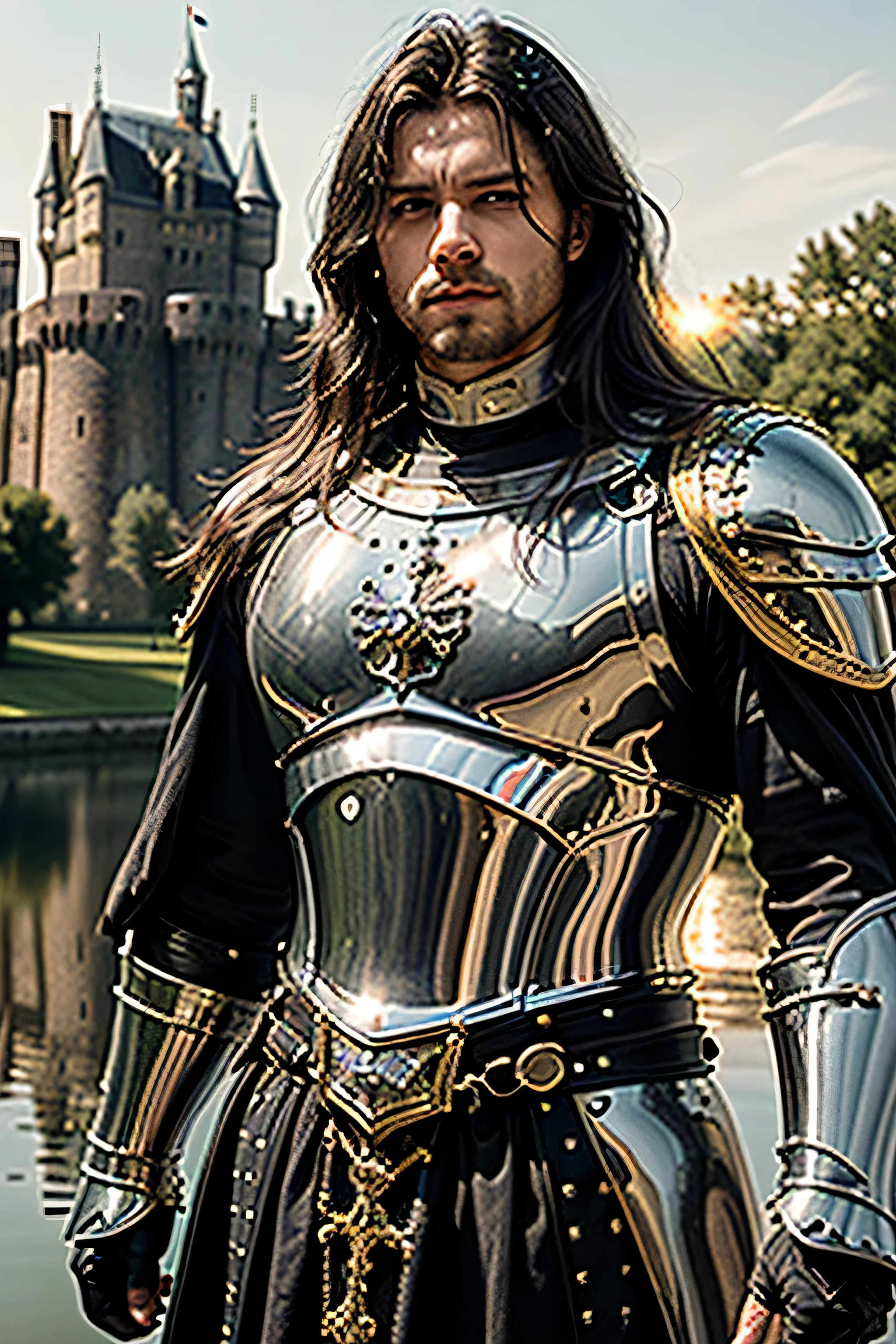 (masterpiece, photorealistic:1.4, extremely intricate:1.3), (photon mapping, radiosity, physically based rendering, ultra resolution, hyper-realistic, photorealistic:1.4, hyper-realistic, 8K), muscular man, ((black chrome late renaissance armor:1.4, chrome rivets (torso photograph), breastplate, black cloak), showing off his bulge, water reflections, gold etching, outdoors, medieval battlefield, sunrise, far away castle, (moat, glossblack hair, dynamic pose), sharp focus, dramatic, award winning, (film grain, bokeh, interaction)