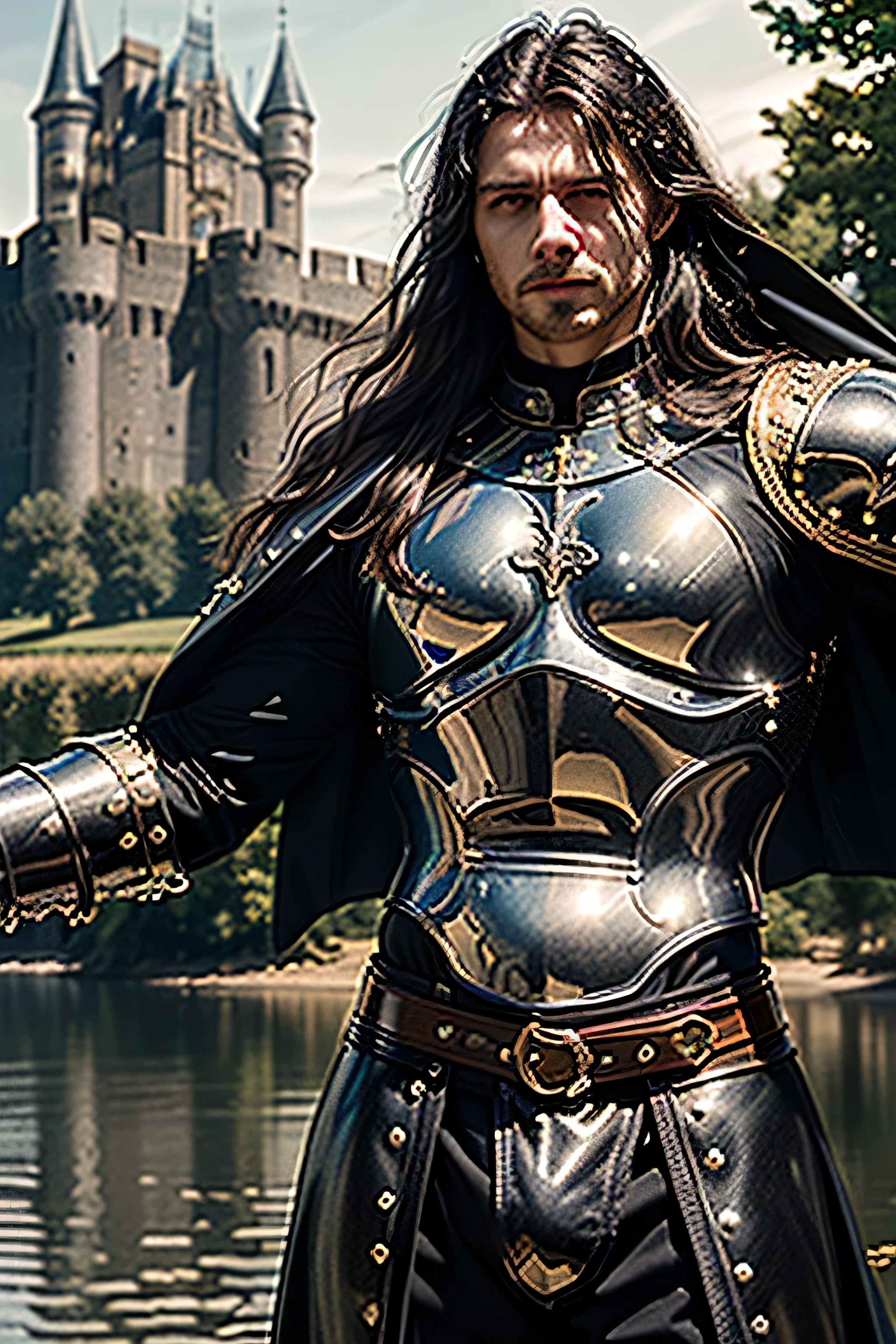 (masterpiece, photorealistic:1.4, extremely intricate:1.3), (photon mapping, radiosity, physically based rendering, ultra resolution, hyper-realistic, photorealistic:1.4, hyper-realistic, 8K), muscular man, ((black chrome late renaissance armor:1.4, chrome rivets (torso photograph), breastplate, black cloak), showing off his bulge, water reflections, gold etching, outdoors, medieval battlefield, sunrise, far away castle, (moat, glossblack hair, dynamic pose), sharp focus, dramatic, award winning, (film grain, bokeh, interaction)
