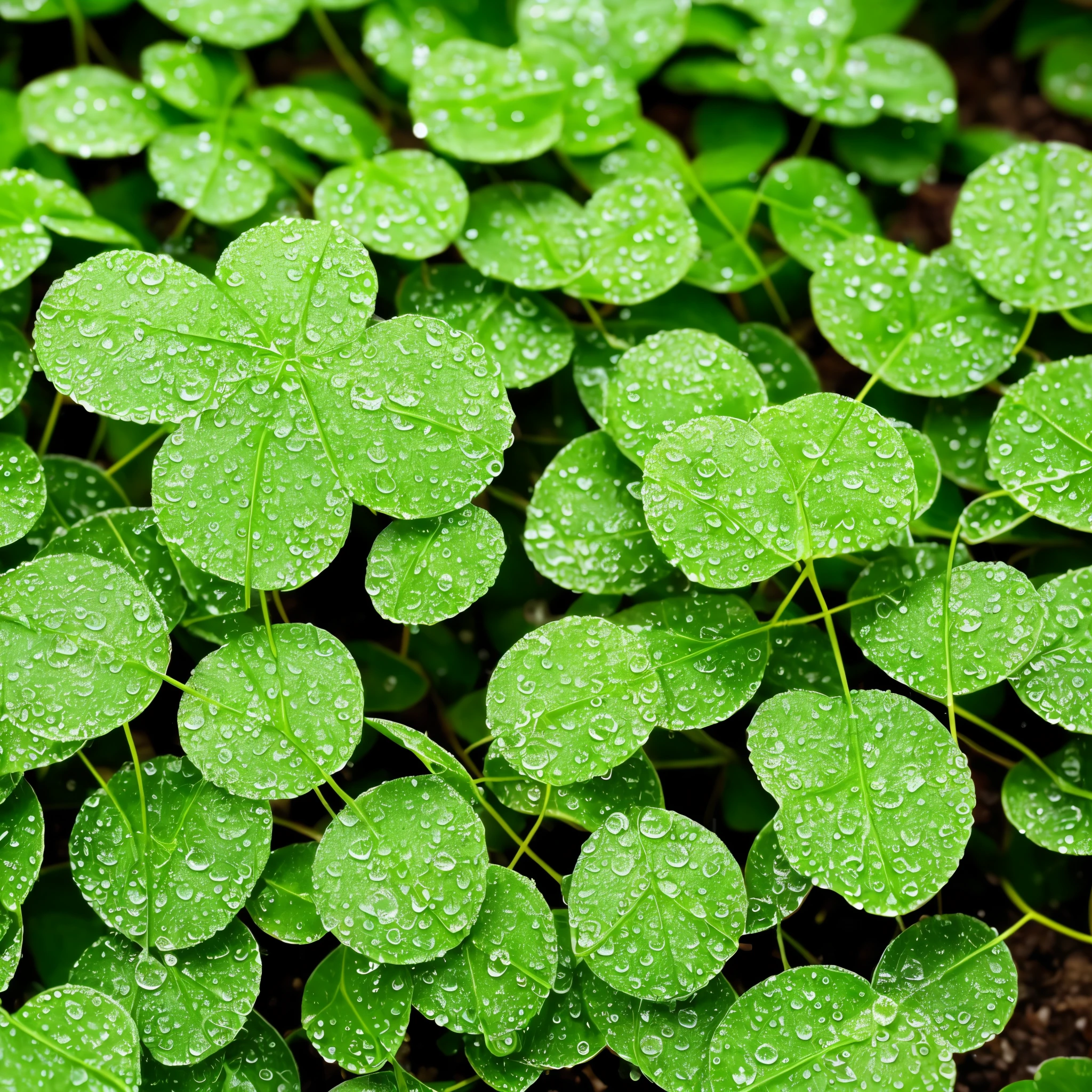 a close up of a bunch of green plants with water droplets, dew drops, dewdrops, lots of raindrops, raindrops, rain drops, droplets, four leaf clover, covered in water drops, dew, green rain, green colors, #green, clover, shades of green, just after rain, water droplets, detailed droplets