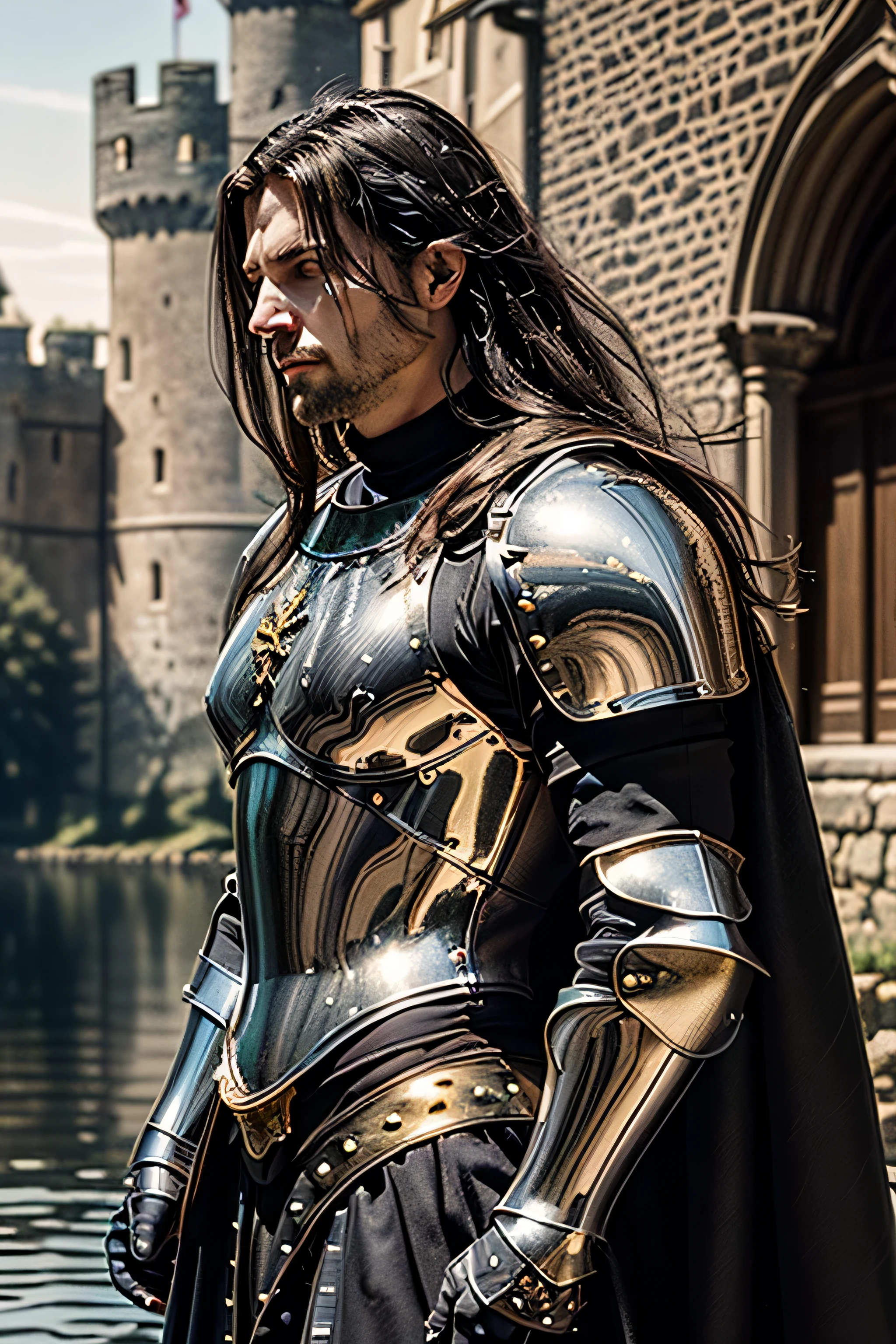 (masterpiece, photorealistic:1.4, extremely intricate:1.3), (photon mapping, radiosity, physically based rendering, ultra resolution, hyper-realistic, photorealistic:1.4, hyper-realistic, 8K), muscular man, ((black chrome late renaissance armor:1.4, chrome rivets (torso photograph), breastplate, black cloak), showing off his bulge, water reflections, gold etching, outdoors, medieval battlefield, sunrise, far away castle, (moat, glossblack hair, dynamic pose), sharp focus, dramatic, award winning, (film grain, bokeh, interaction)