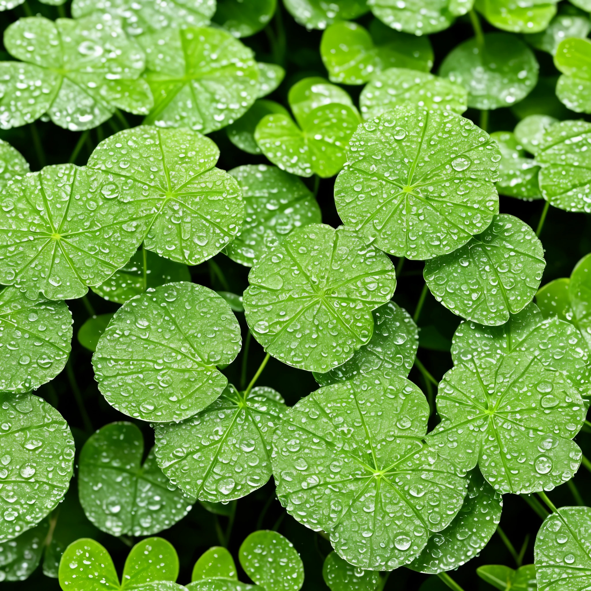 a close up of a bunch of green plants with water droplets, dew drops, dewdrops, lots of raindrops, raindrops, rain drops, droplets, four leaf clover, covered in water drops, dew, green rain, green colors, #green, clover, shades of green, just after rain, water droplets, detailed droplets