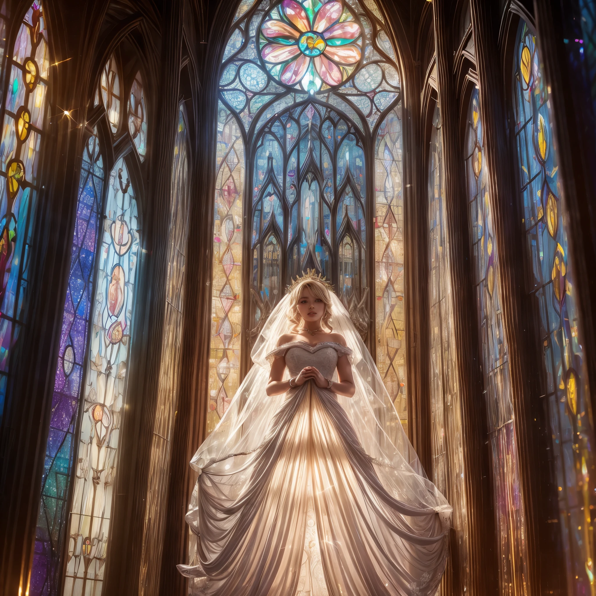  (Cathedral from below:1.28) (ZoomLayer) TopQuality 8K masterpiece of ((Professional photo)), (((Clarisse de Cagliostro))) (Detailed White WeddingDresses), Chain, (((Extremely detailed KAWAII face))) {((VeiledFace))|BlondeHair|(Elaborate BuleEyes)with(SparklingHighlights:1.28)}, The background is distant (((Elaborate stained glass))) Rainbow Glass, {(MysticSight)|EnchantingAtmosphere|Haze|(GodRays)|TyndallEffect}, Radiant PearlSkin with Transparency, (Exposed:0.39)
