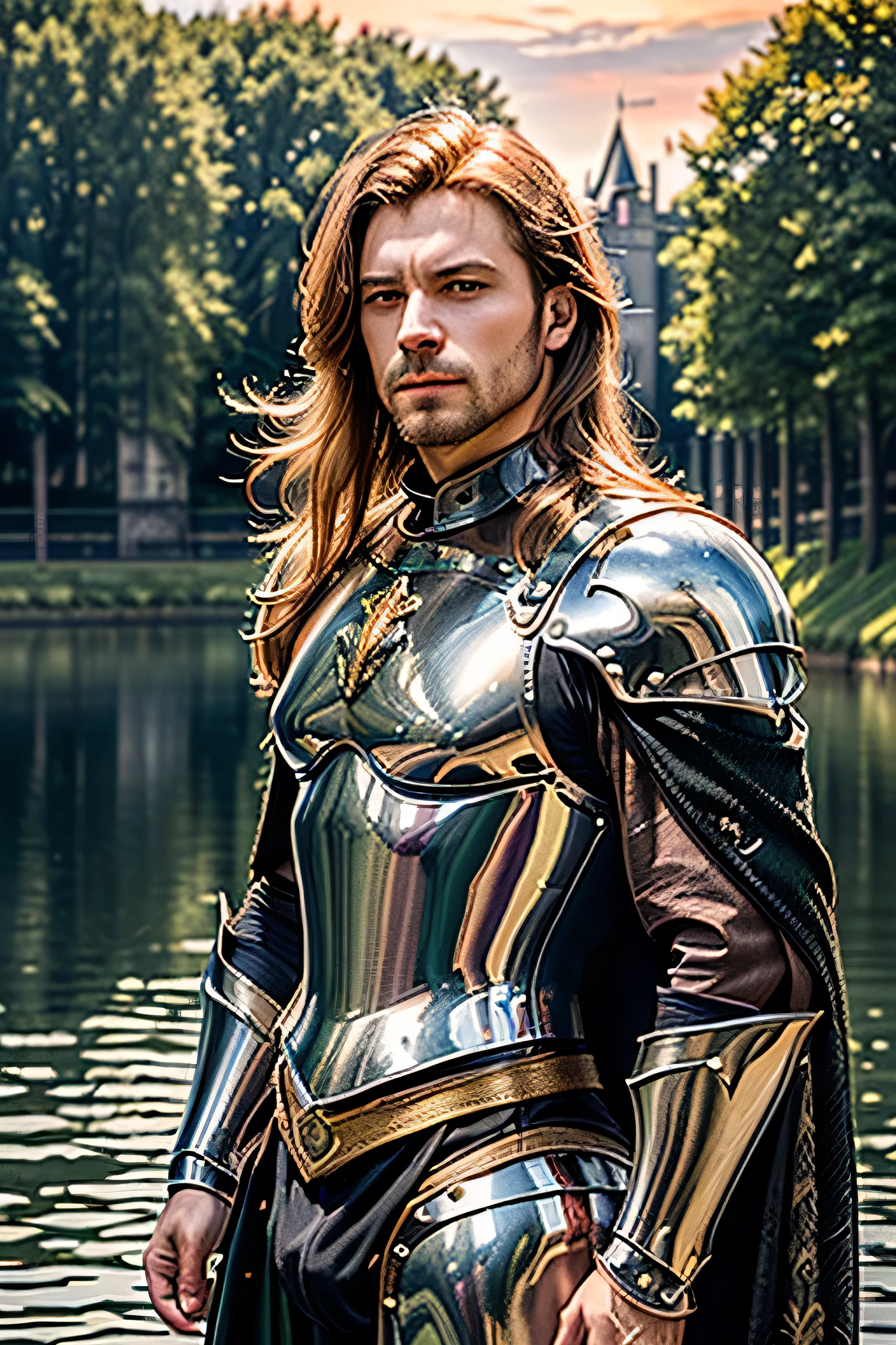(masterpiece, photorealistic:1.4, extremely intricate:1.3), (photon mapping, radiosity, physically based rendering, ultra resolution, hyper-realistic, photorealistic:1.4, hyper-realistic, 8K), muscular man, ((black chrome late renaissance armor:1.4, chrome rivets (torso photograph), breastplate, green cloak), showing off his bulge, water reflections, gold etching, outdoors, medieval battlefield, sunrise, far away castle, (moat, ([bright ginger hair:dark hair:0.6]), dynamic pose), sharp focus, dramatic, award winning, (film grain, bokeh, interaction)