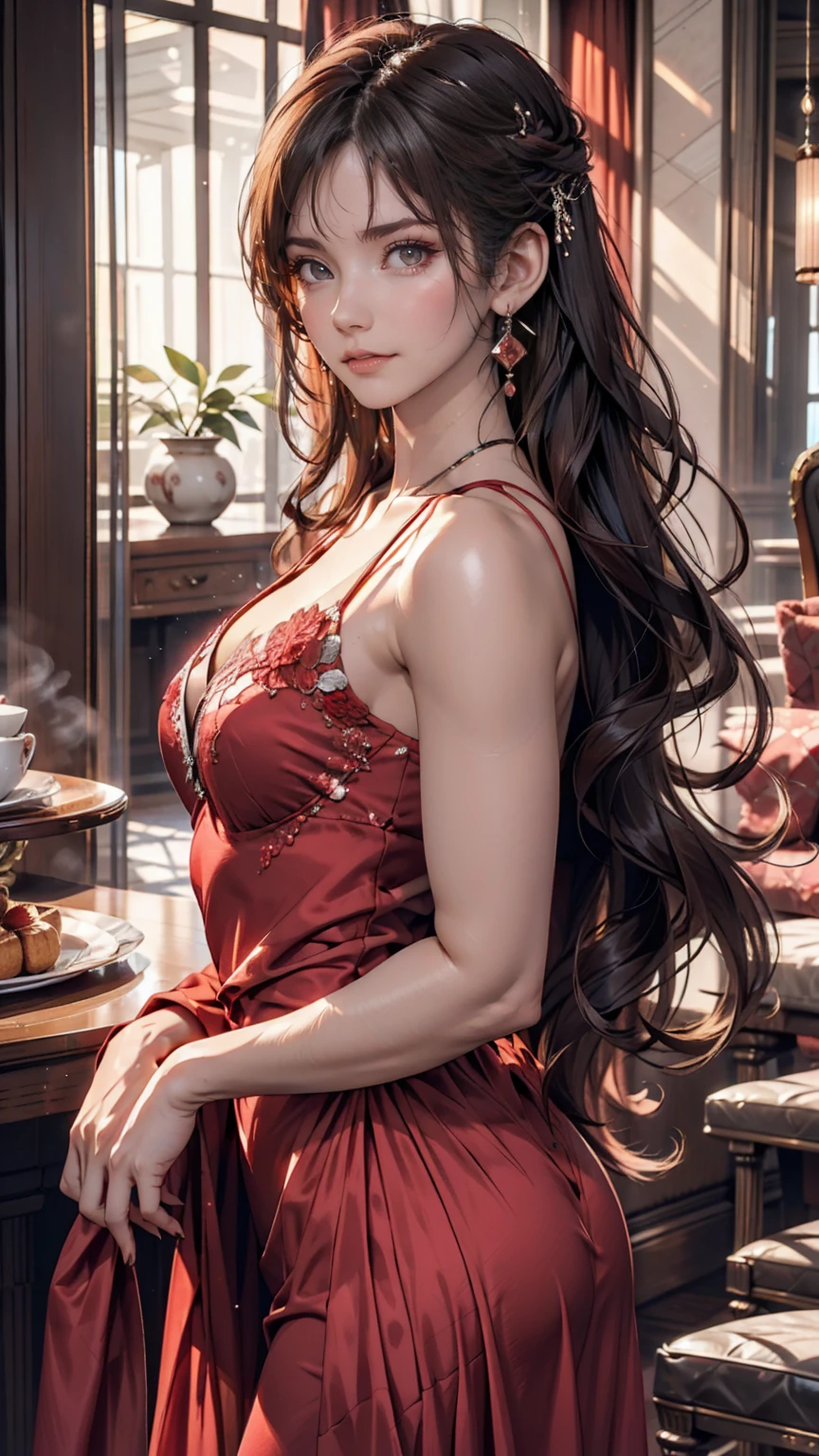 Model posing in a luxury hotel lobby。Crimson evening gown、Diamond Earrings、Her hair is elegantly set in an updo