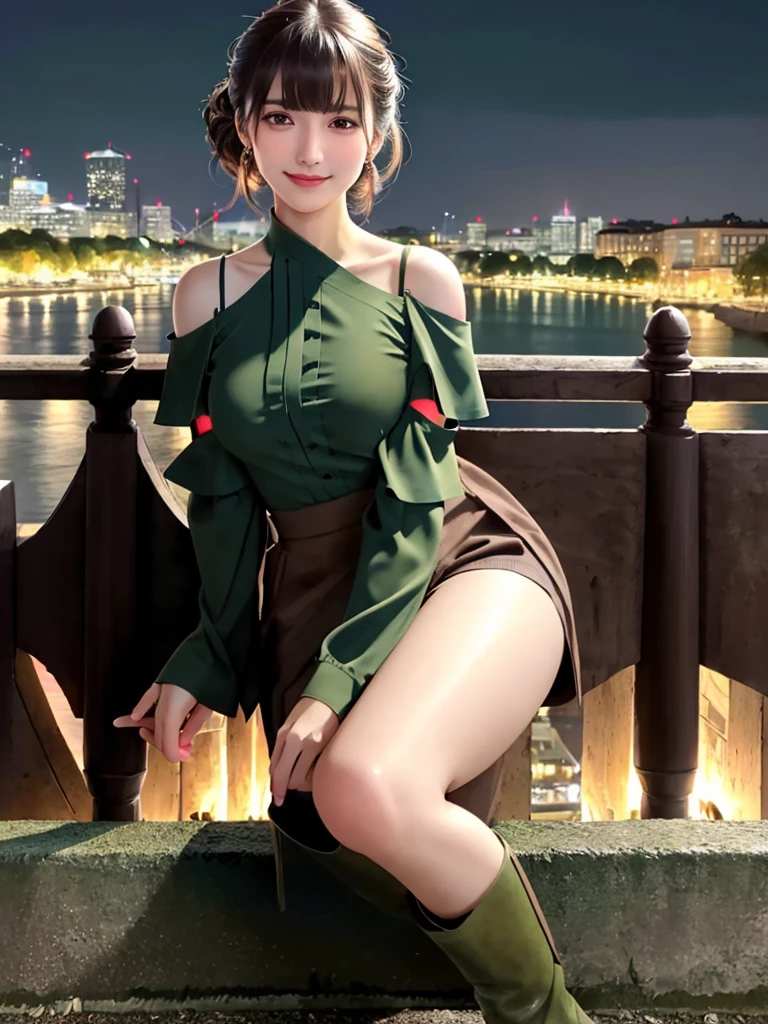(masterpiece:1.3, Highest quality, Ultra-high resolution, Very detailed), (Realistic, photoRealistic:1.4), Beautiful illustrations, Perfect lighting, colorful, Written boundary depth, Beautiful detailsまでこだわった髪, Beautifully detailed face, Beautiful details, Droopy eyes、Beautiful clavicle, Beautiful body, 美しいLarge Breasts, Beautiful thighs, Beautiful legs, Beautiful fingers, Show Viewer、Front view:0.6, beauty1人, Japanese, beauty、30 years old, Perfect Face, (Perfect Anatomy, Anatomically correct), Cute and symmetrical face, Baby Face, , Glowing Skin, (Dark green cold shoulder blouse:1.4),((Long skirt 1.5)) 、(short boots:1.3)、(Dark brown hair, Updo:1.4), Braided bangs、Dark brown eyes, Large Breasts, The body is slim, necklace, Small earrings:1.1, (Beautiful views), (night), (city, cityscape in the distance), River side、 優しいsmile、(smile, Lips parted),