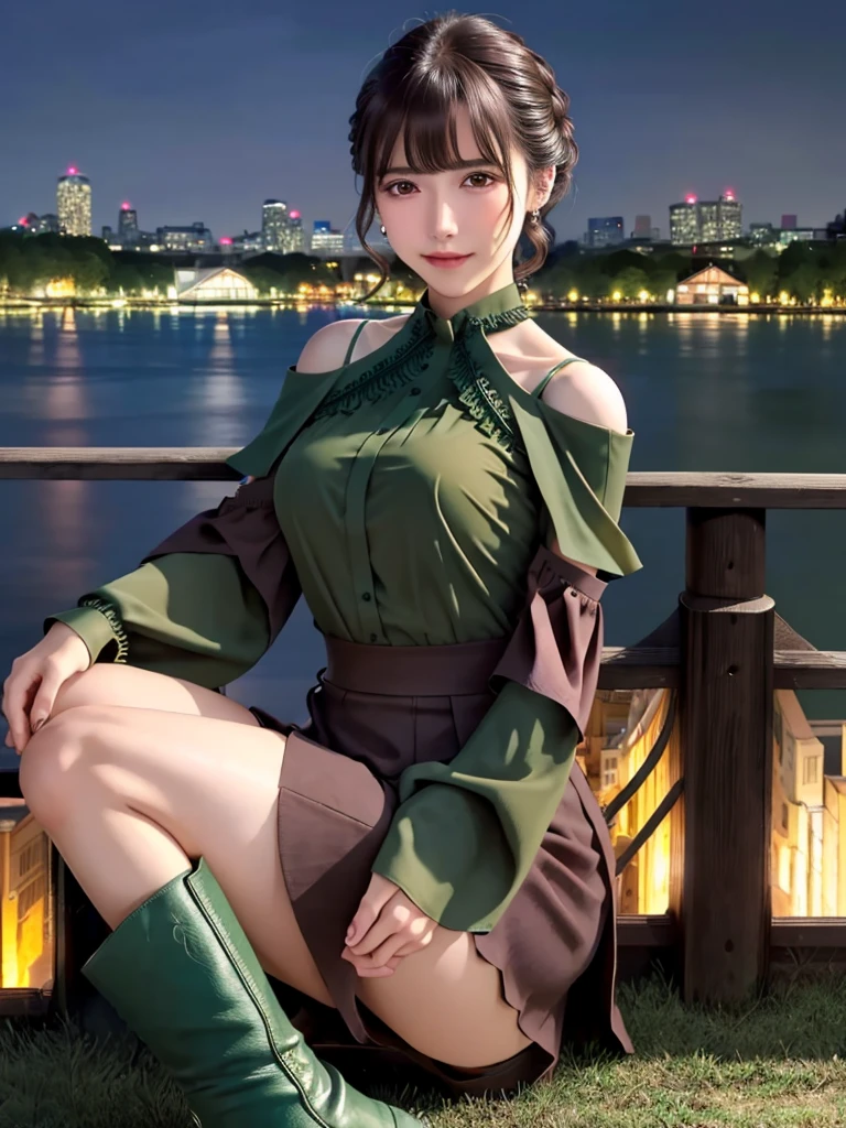 (masterpiece:1.3, Highest quality, Ultra-high resolution, Very detailed), (Realistic, photoRealistic:1.4), Beautiful illustrations, Perfect lighting, colorful, Written boundary depth, Beautiful detailsまでこだわった髪, Beautifully detailed face, Beautiful details, Droopy eyes、Beautiful clavicle, Beautiful body, 美しいLarge Breasts, Beautiful thighs, Beautiful legs, Beautiful fingers, Show Viewer、Front view:0.6, beauty1人, Japanese, beauty、30 years old, Perfect Face, (Perfect Anatomy, Anatomically correct), Cute and symmetrical face, Baby Face, , Glowing Skin, (Dark green cold shoulder blouse:1.4),((Long skirt 1.5)) 、(short boots:1.3)、(Dark brown hair, Updo:1.4), Braided bangs、Dark brown eyes, Large Breasts, The body is slim, necklace, Small earrings:1.1, (Beautiful views), (night), (city, cityscape in the distance), River side、 優しいsmile、(smile, Lips parted),