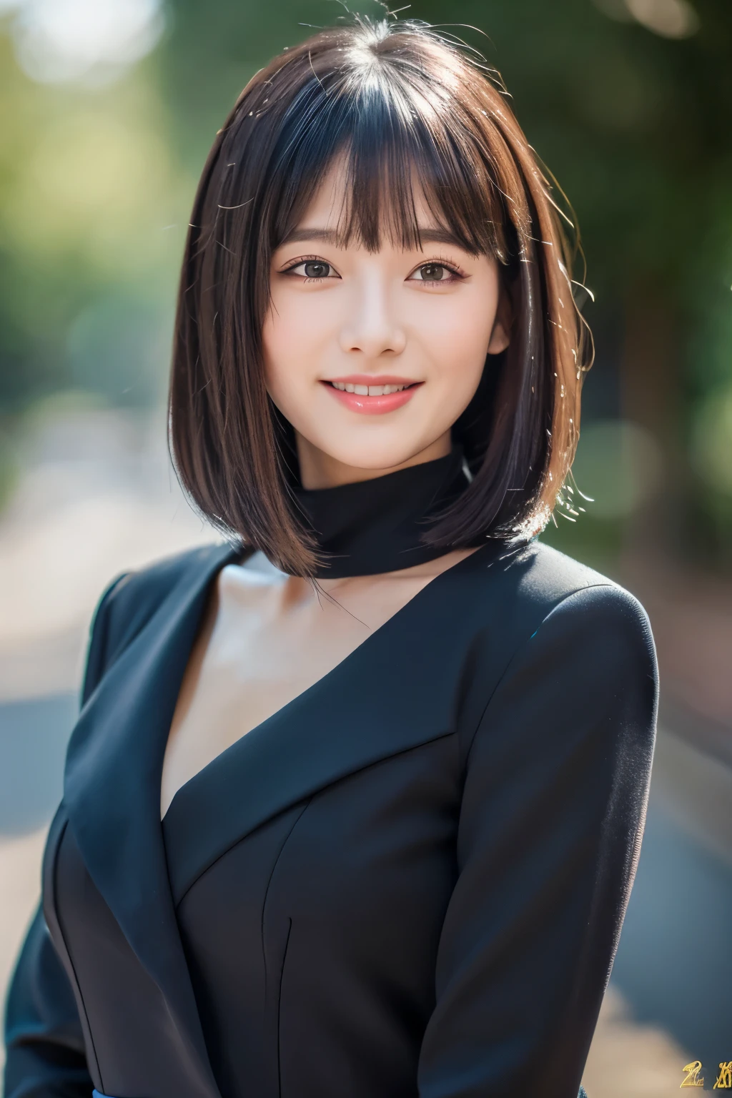 ((Best quality, 8k, Masterpiece)), beautiful woman, bangs, black bob hair, gentle face, feminine outfit, bust-up, light smile