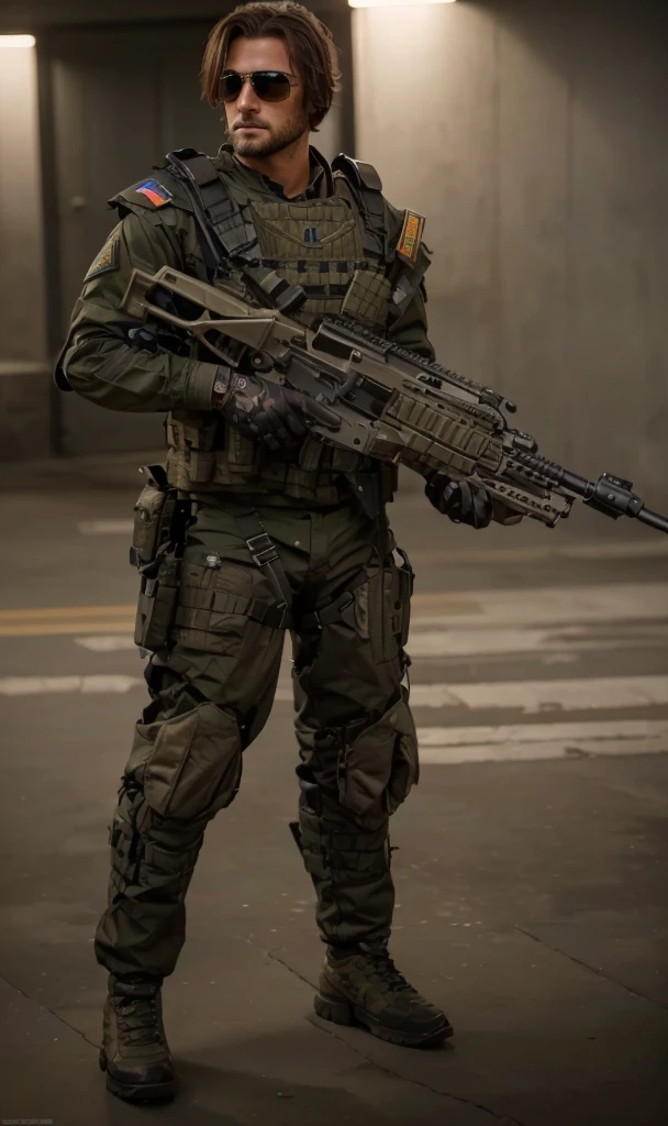 Male soldier, very masculine German face, very short brown hair, tactical sunglasses, Mighty aura, dark blue military uniform, metal bulletproof vest with metal shoulder pads, belts with ammunition, carries a heavy laser rifle, military boots, belts with ammunition, It is outside an ultra advanced military base, advanced military vehicles, Hyper Realistic, 4k, ultra detailed image, Realistic, very detailed, perfect composition, beautiful intricately detailed incredibly detailed, Artistic photography in 8K, hyper detailed, Masterpiece