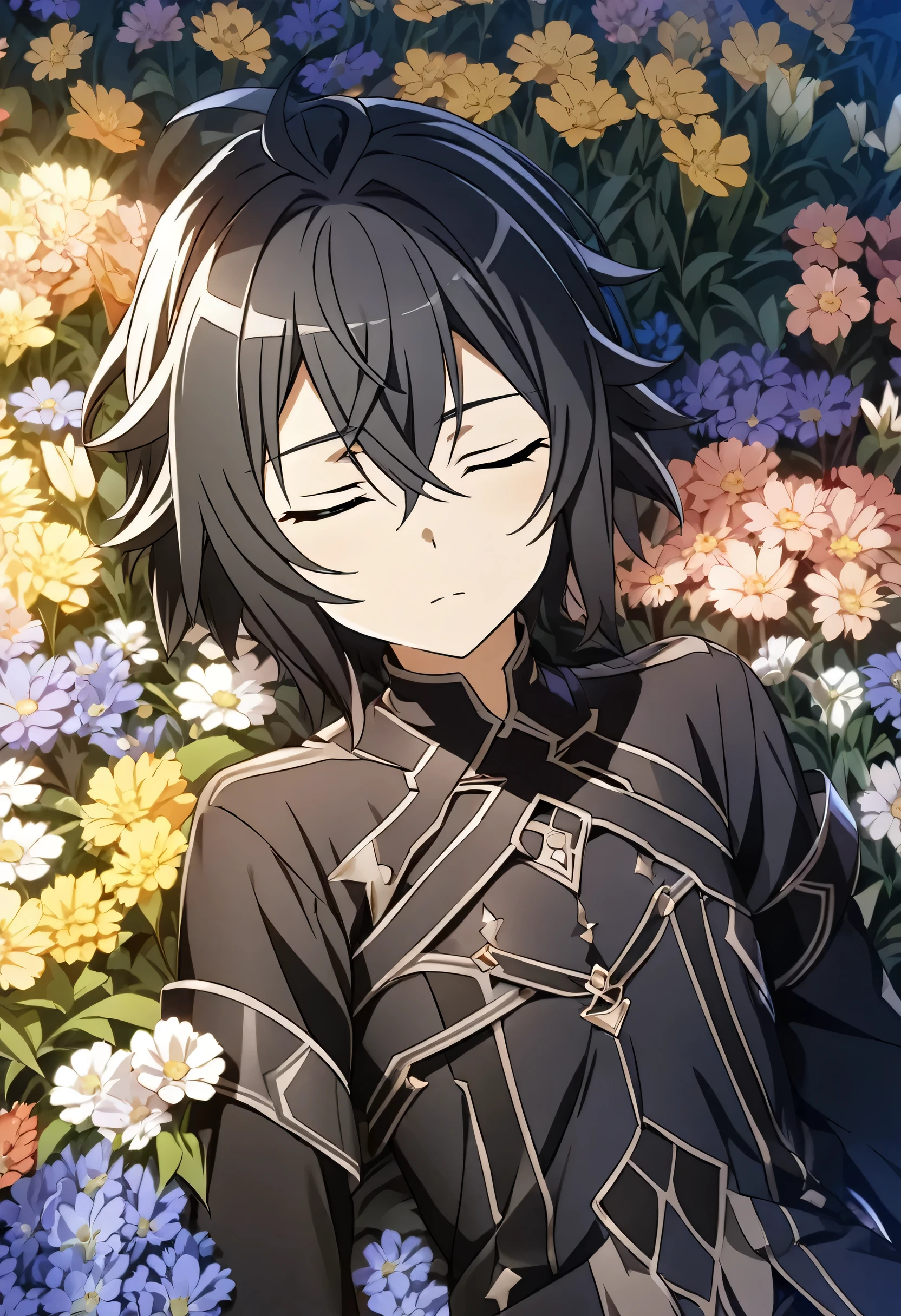 Hyakuya Mikaela \(Sword Art Online\), (short hair), (black hair):1.2, dark costume, bangs, ((ultra-detailed)), ((illustration)), ((neat hair)), male, 1boy, sleeping peacefully, ((flower bed, night))
