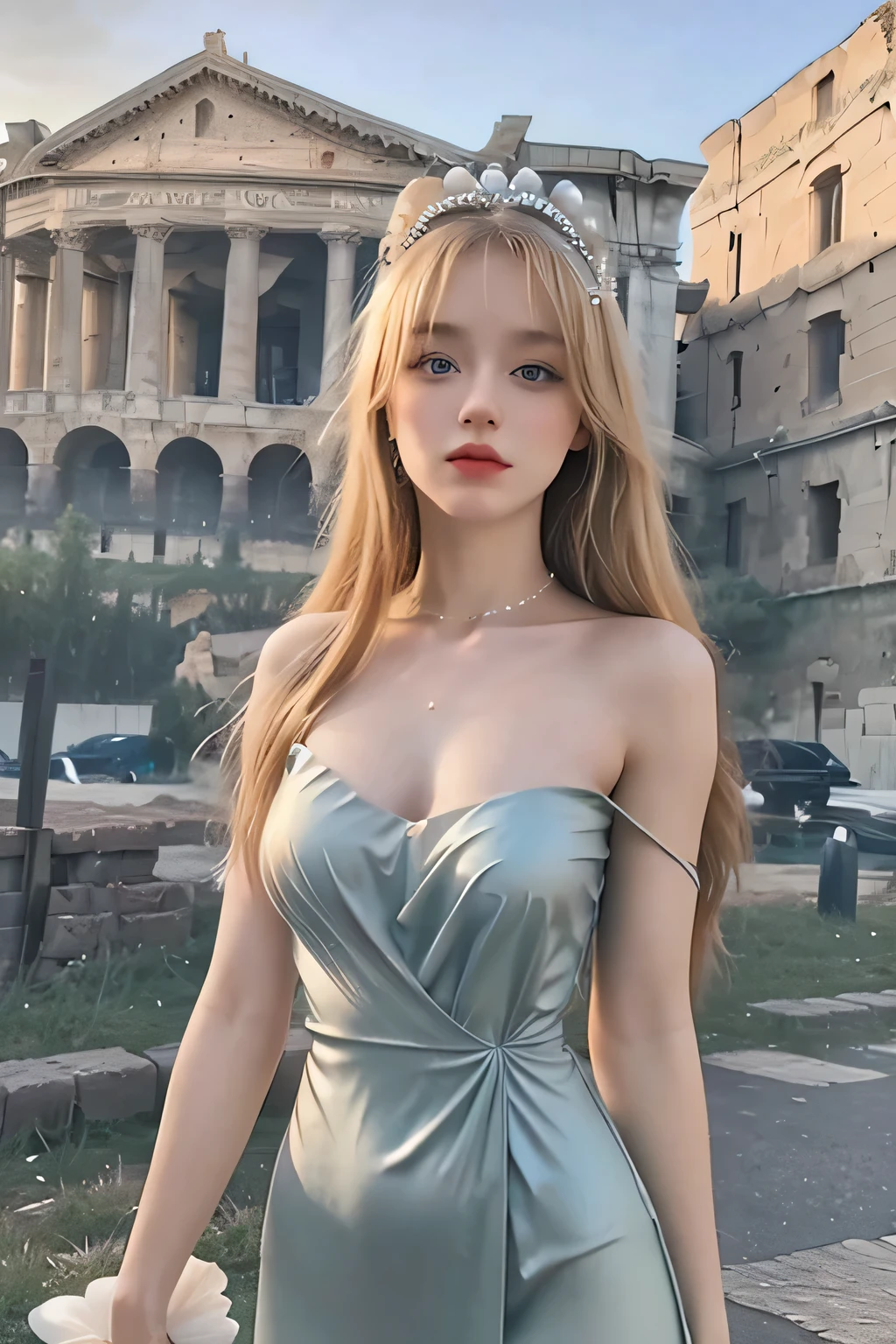 Describe a stunning looking woman. She is blonde, with long, shiny hair that falls softly over her shoulders. His eyes are clear, like two shining pearls, glowing with a mix of blue and green. Your skin has a soft, pale tone, almost translucent. She has a slender and elegant body, with delicate curves and perfect proportions. Dressed in an elegant and fluid dress, She looks like a goddess amidst the ancient ruins of Rome. Ao fundo, it is possible to see the majestic Roman monuments, like the Colosseum and the Pantheon, in stunning detail, creating a super realistic and immersive scenario.