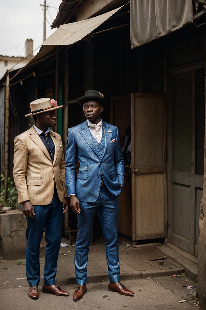 a striking and contrasting scene featuring the sapeurs of Congo. The sapeurs should be dressed in elegant, colorful suits, each with unique patterns and designs. Include details like polished shoes, fashionable hats, and matching accessories. The background should depict the slums of Congo, with makeshift homes and narrow, bustling alleyways. The contrast between the sapeurs' sophisticated attire and the humble surroundings should highlight their resilience, confidence, and unique sense of style amidst adversity.