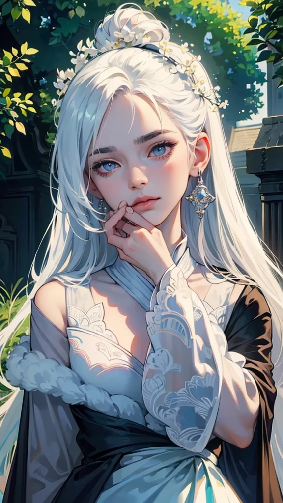 masterpiece, highest quality, (solo focus), (perfect face:1.8), (high detail:1.8), (hyper detailed eyes), dramatic, 1girl, (pale skin), long white hair, ethereal eyes, (light eyebrows), solo, long hair, JTiago Azevedo, moon, day, blue luxury suit, pouty lips, fur, proud expression,garden, detailed background, cinematic lighting of sun light, sakura tree, fashion, BalenciagaStyle