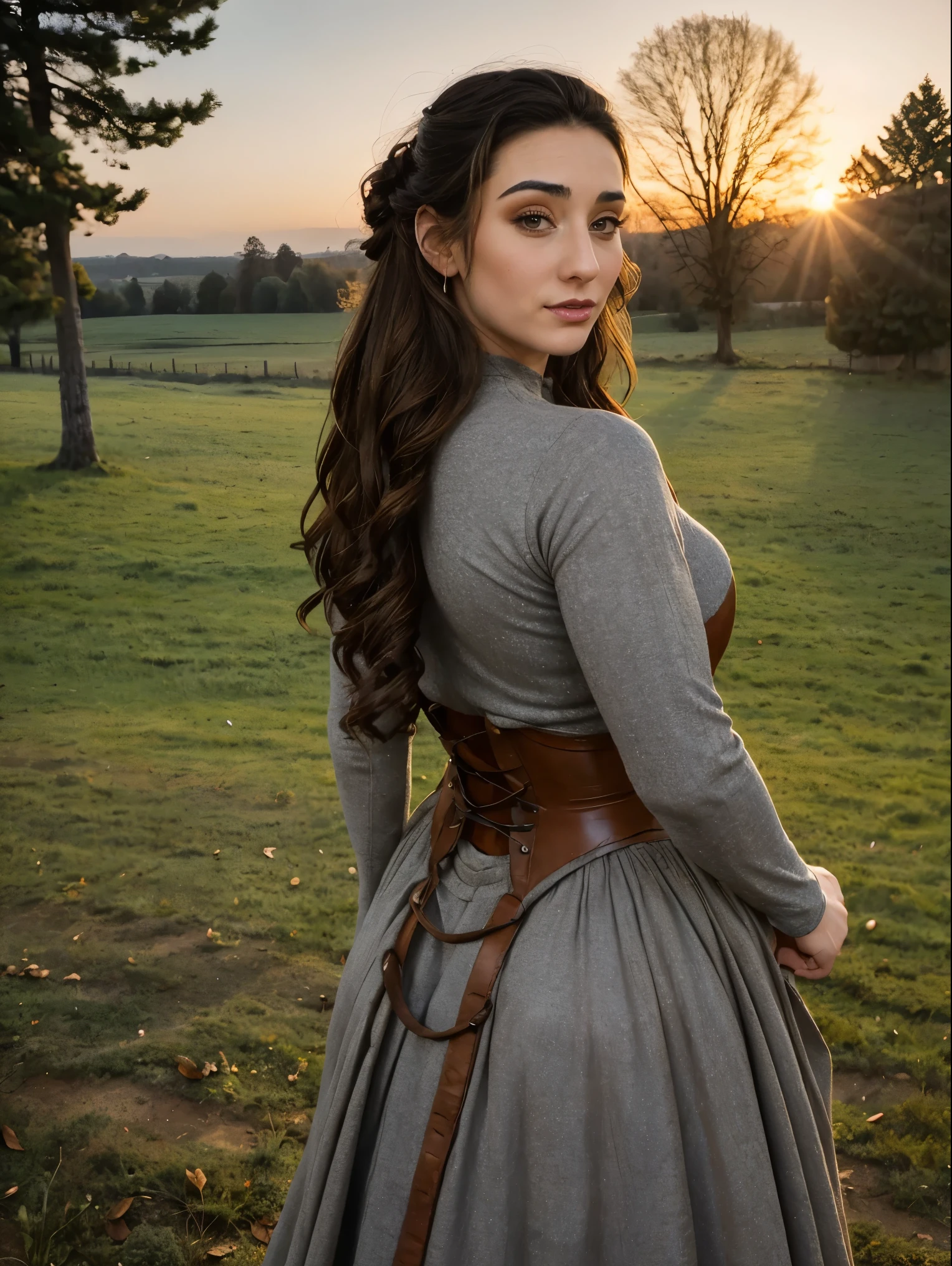 Gorgeous and sultry busty athletic (thin) brunette peasant with sharp facial features wearing a modest updo, medieval hair cover, rough-spun grey and brown medieval dress, long sleeves, wide neck, long dress, tight bodice, corset, Middle Ages, cottage, farm, exterior, trees, countryside, evening, sunset.