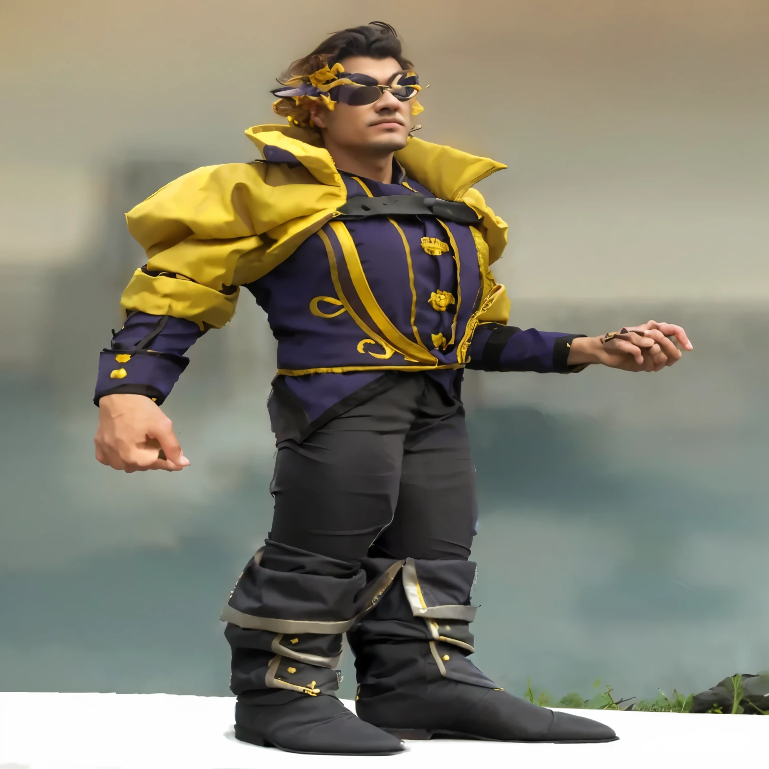 man wearing royal fantasy attire, black embroidered pants, black boots, a yellow rolled-sleeved jacket, purple and gold undershirt