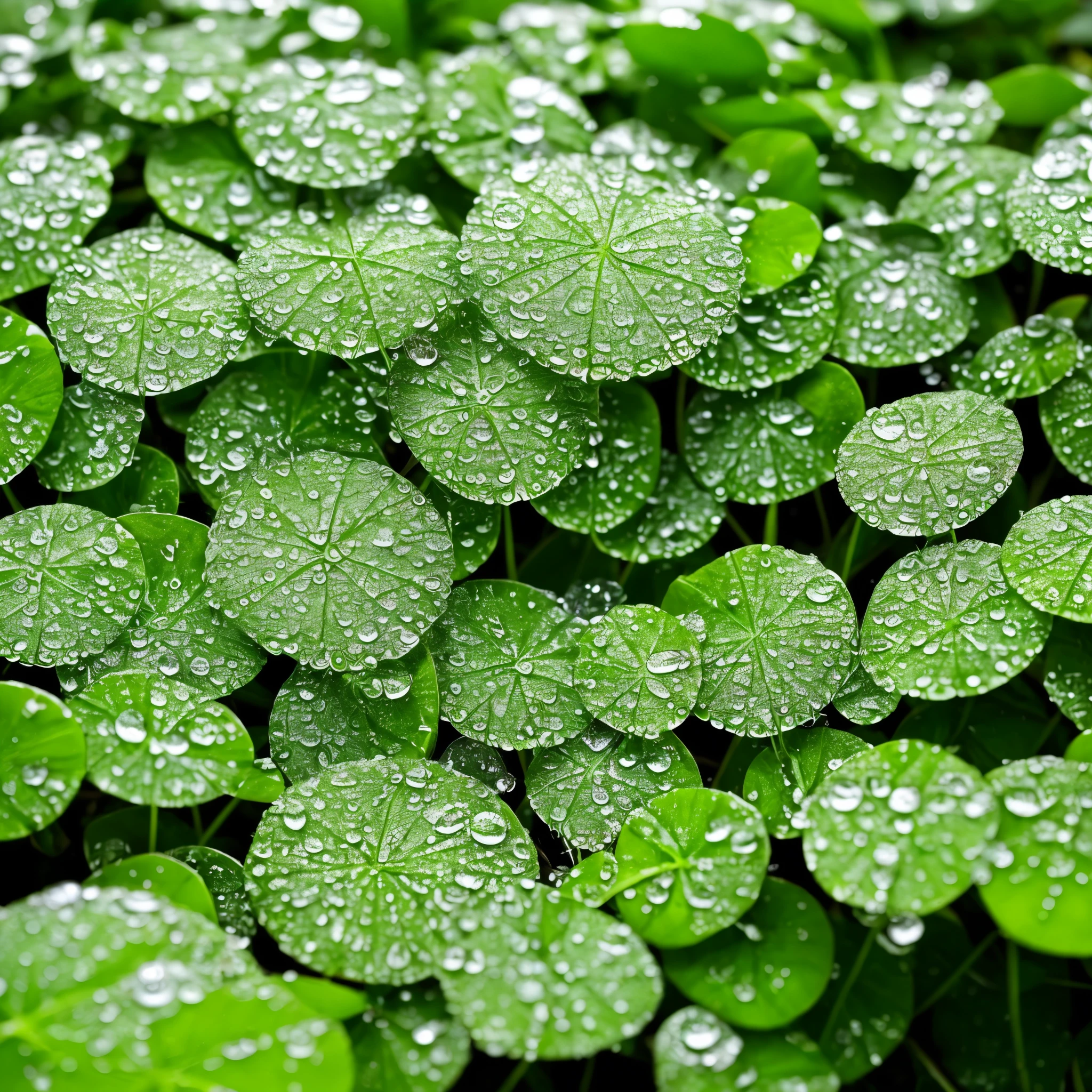 a close up of a bunch of green plants with water droplets, a macro photograph by Hideyuki Kikuchi, flickr, conceptual art, dew drops, dewdrops, lots of raindrops, raindrops, rain drops, droplets, four leaf clover, covered in water drops, dew, green rain, green colors, #green, clover, shades of green