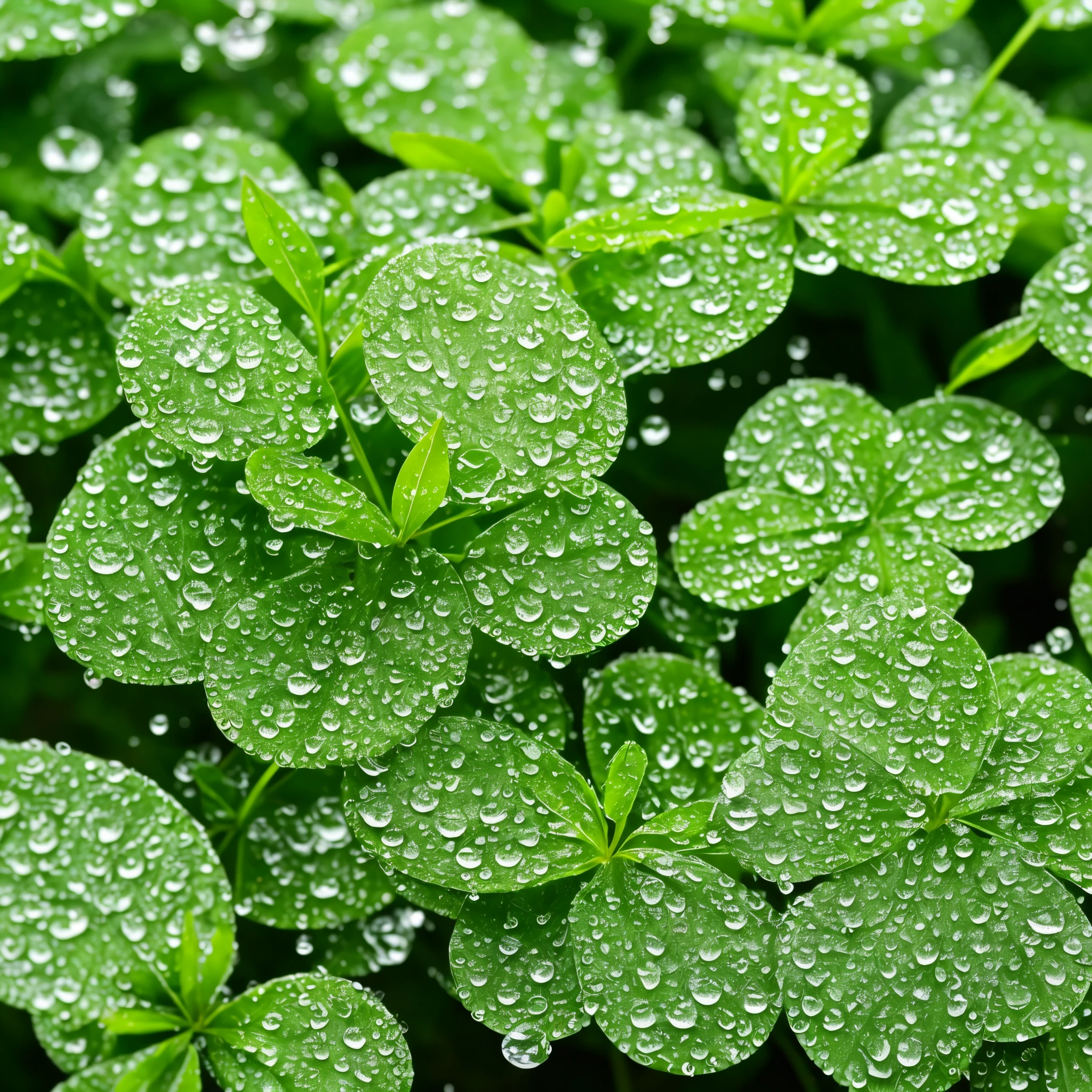 a close up of a bunch of green plants with water droplets, a macro photograph by Hideyuki Kikuchi, flickr, conceptual art, dew drops, dewdrops, lots of raindrops, raindrops, rain drops, droplets, four leaf clover, covered in water drops, dew, green rain, green colors, #green, clover, shades of green
