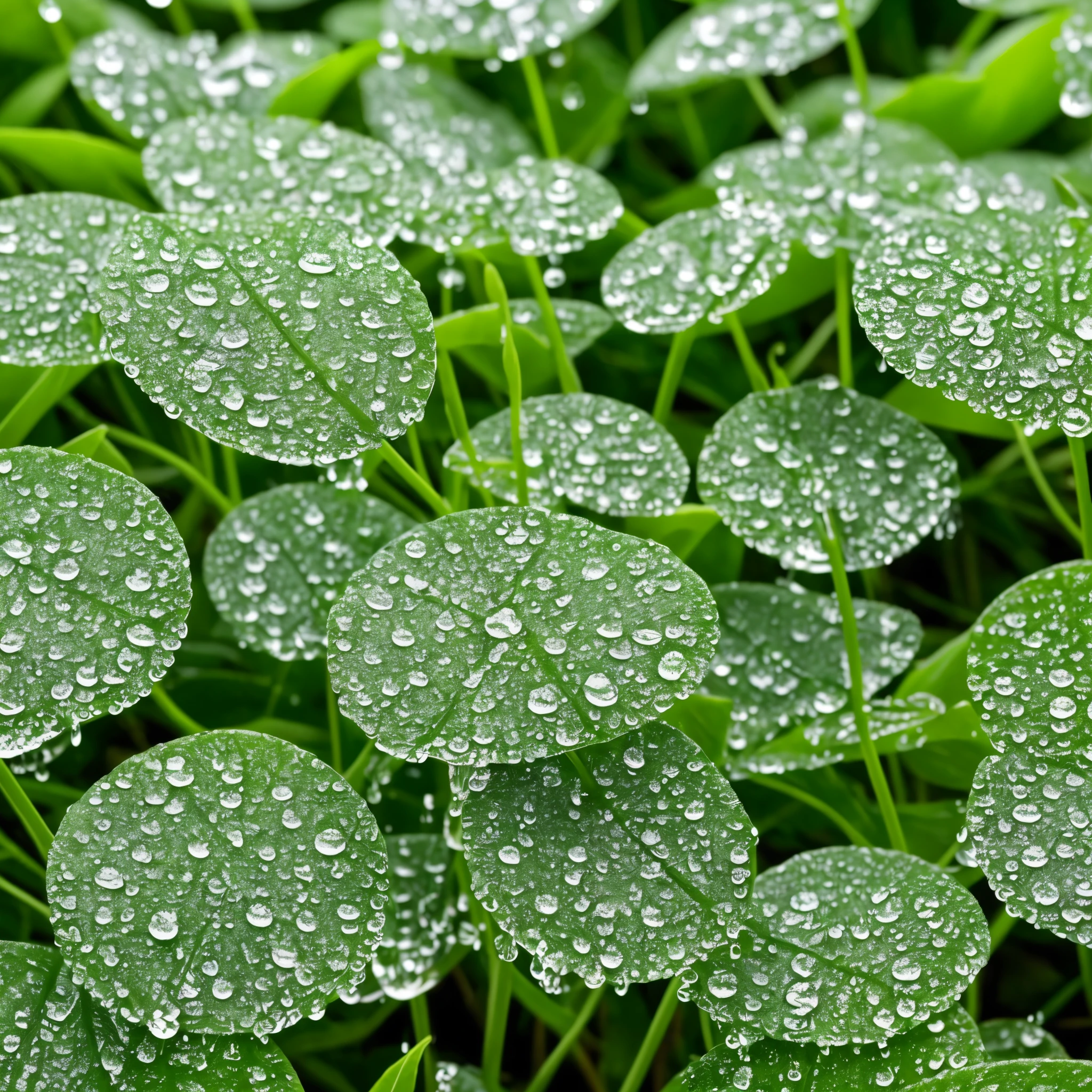 a close up of a bunch of green plants with water droplets, a macro photograph by Hideyuki Kikuchi, flickr, conceptual art, dew drops, dewdrops, lots of raindrops, raindrops, rain drops, droplets, four leaf clover, covered in water drops, dew, green rain, green colors, #green, clover, shades of green