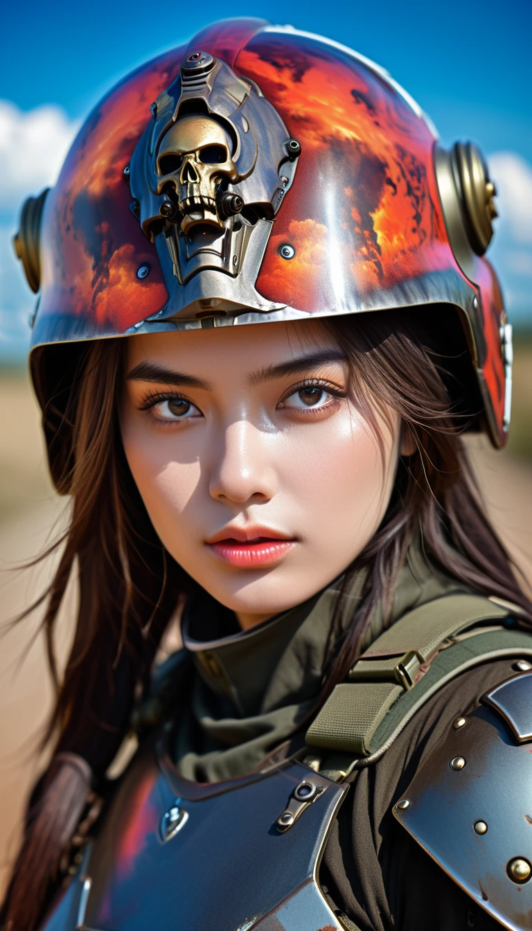 Close-up of a ((extremely beautiful girl warior)) , half human, half machine, their faces a bit partially obscured by military helmets. Their eyes are filled with sadness and longing. The background is a trail of blood and violence. SHe wears a mechanized robot armor, carved with animal elements, human skulls. The sky is filled with swirling, fiery clouds. The photo conveys a strong sense of the warrior's appearance