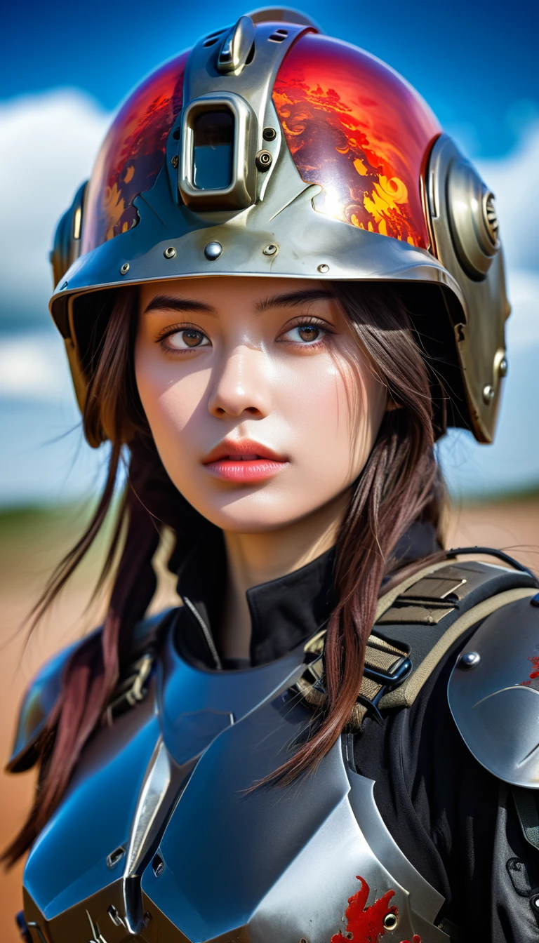 Close-up of a ((extremely beautiful girl warior)) , half human, half machine, their faces a bit partially obscured by military helmets. Their eyes are filled with sadness and longing. The background is a trail of blood and violence. SHe wears a mechanized robot armor, carved with animal elements, human skulls. The sky is filled with swirling, fiery clouds. The photo conveys a strong sense of the warrior's appearance