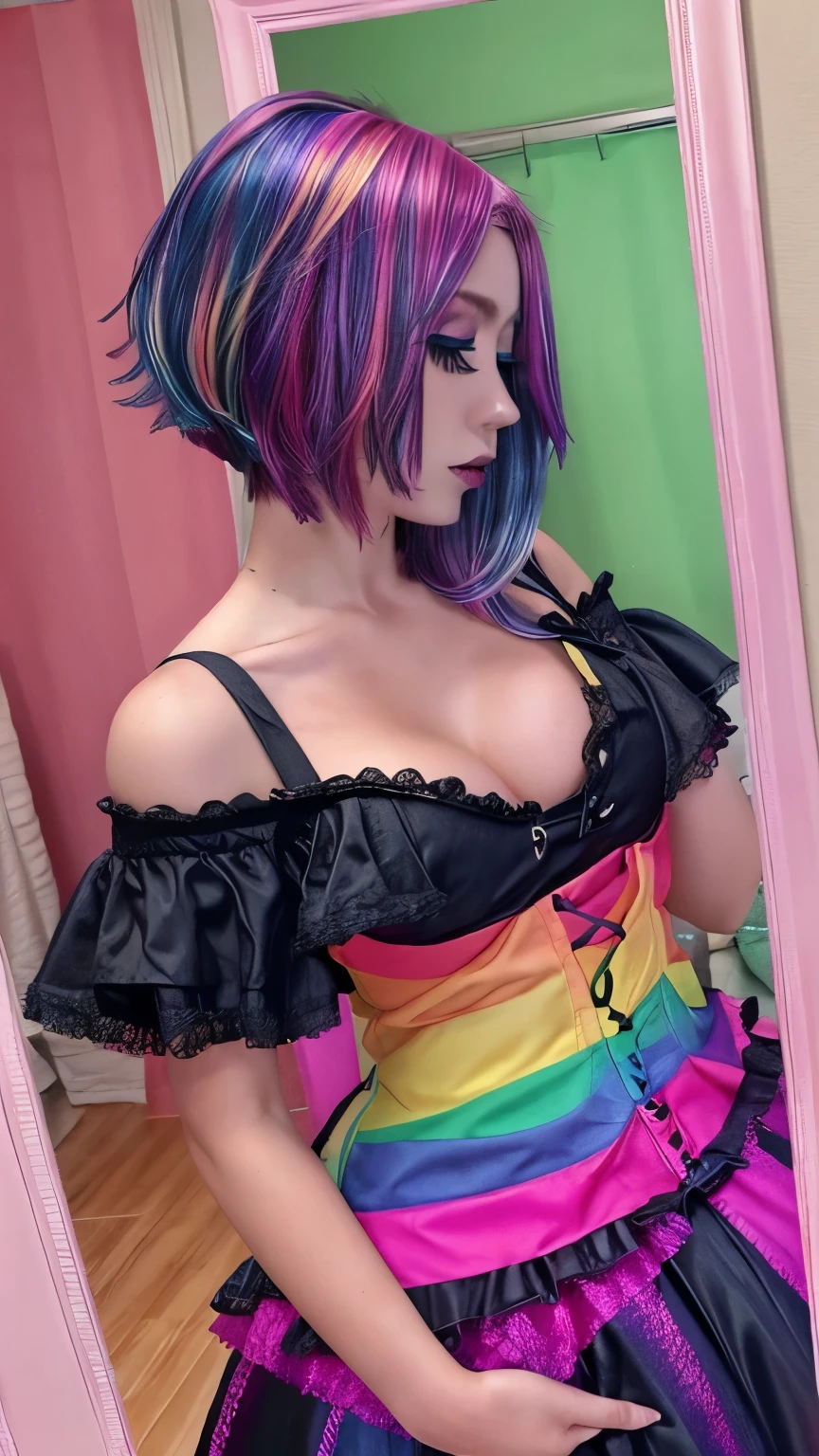 One girl, alone, Goth ,short Messy Hair with long sides, short hair, eye shadow, mascara, color: spectrum, vivid colors, Rainbow Hair , bright Rainbow Hair, Medium chest, indoor  , Very detailed, cute, Full Body Shot, Bedroom, Big Breasts, frilled trim, Pale skin, Selfie in the mirror, Messy Hair, Side view