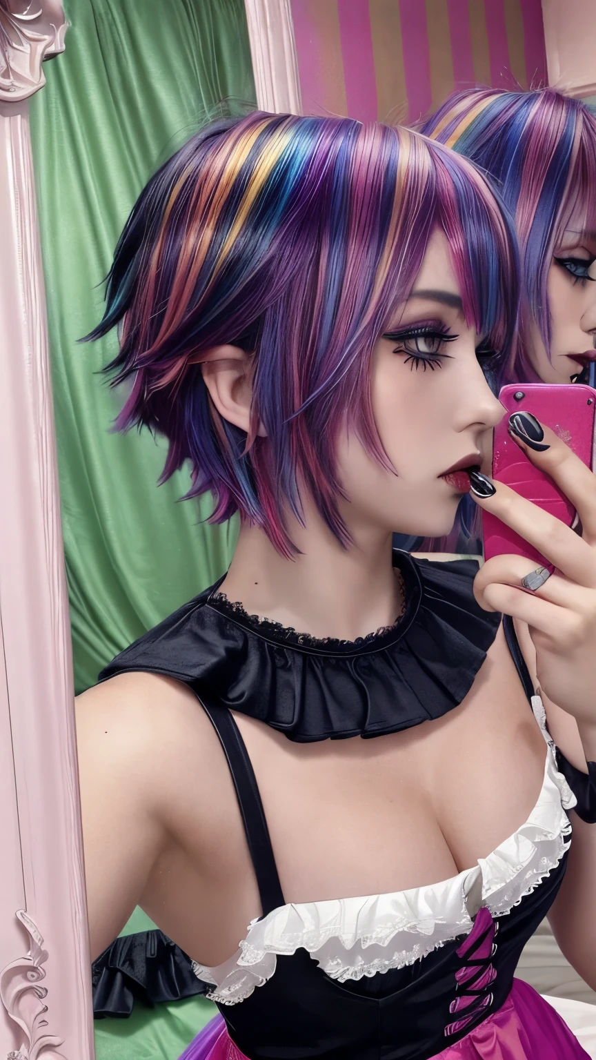 One girl, alone, Goth ,short Messy Hair with long sides, short hair, eye shadow, mascara, color: spectrum, vivid colors, Rainbow Hair , bright Rainbow Hair, Medium chest, indoor  , Very detailed, cute, Full Body Shot, Bedroom, Big Breasts, frilled trim, Pale skin, Selfie in the mirror, Messy Hair, Side view