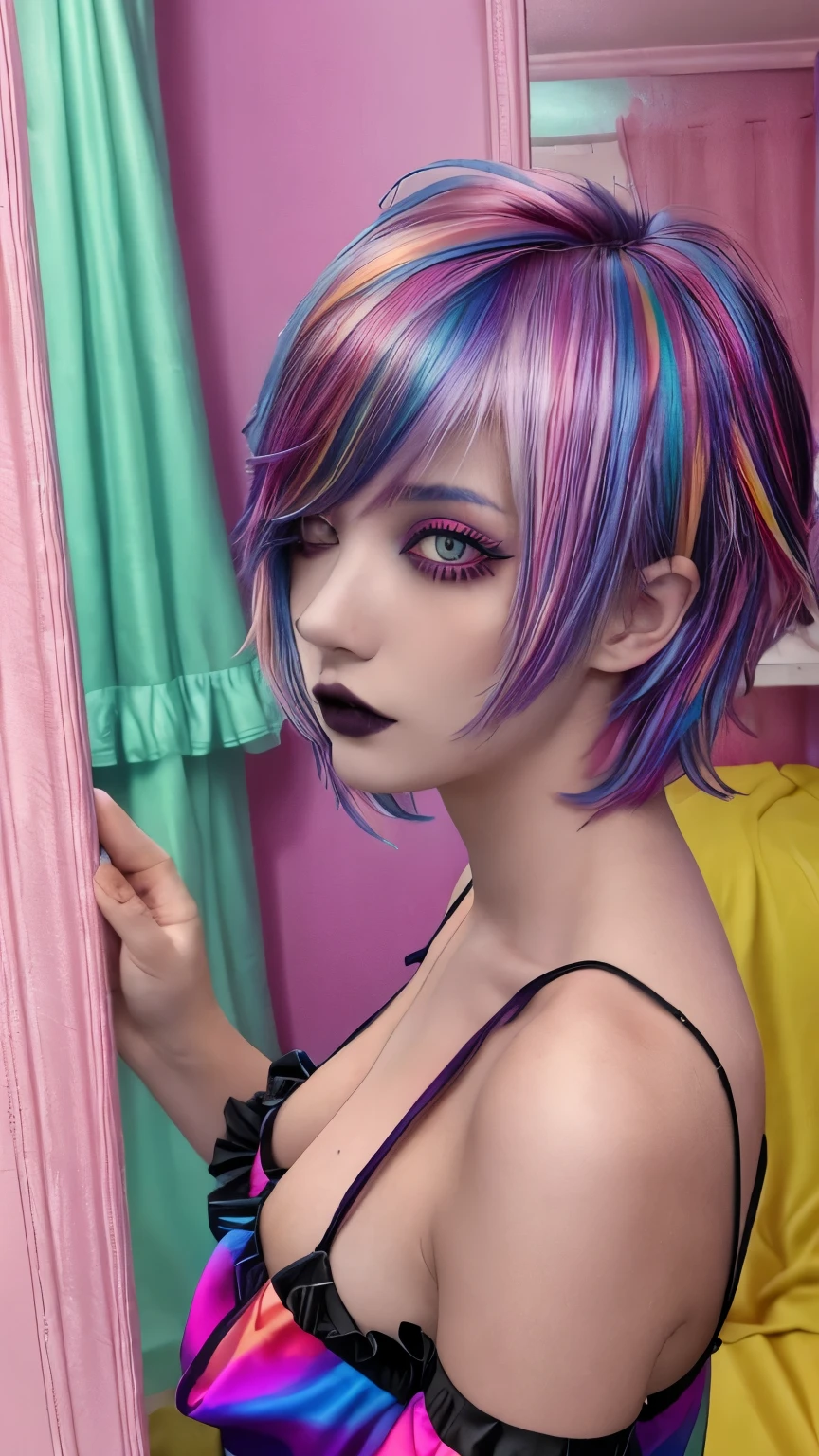 One girl, alone, Goth ,short Messy Hair with long sides, short hair, eye shadow, mascara, color: spectrum, vivid colors, Rainbow Hair , bright Rainbow Hair, Medium chest, indoor  , Very detailed, cute, Full Body Shot, Bedroom, Big Breasts, frilled trim, Pale skin, Selfie in the mirror, Messy Hair, Side view