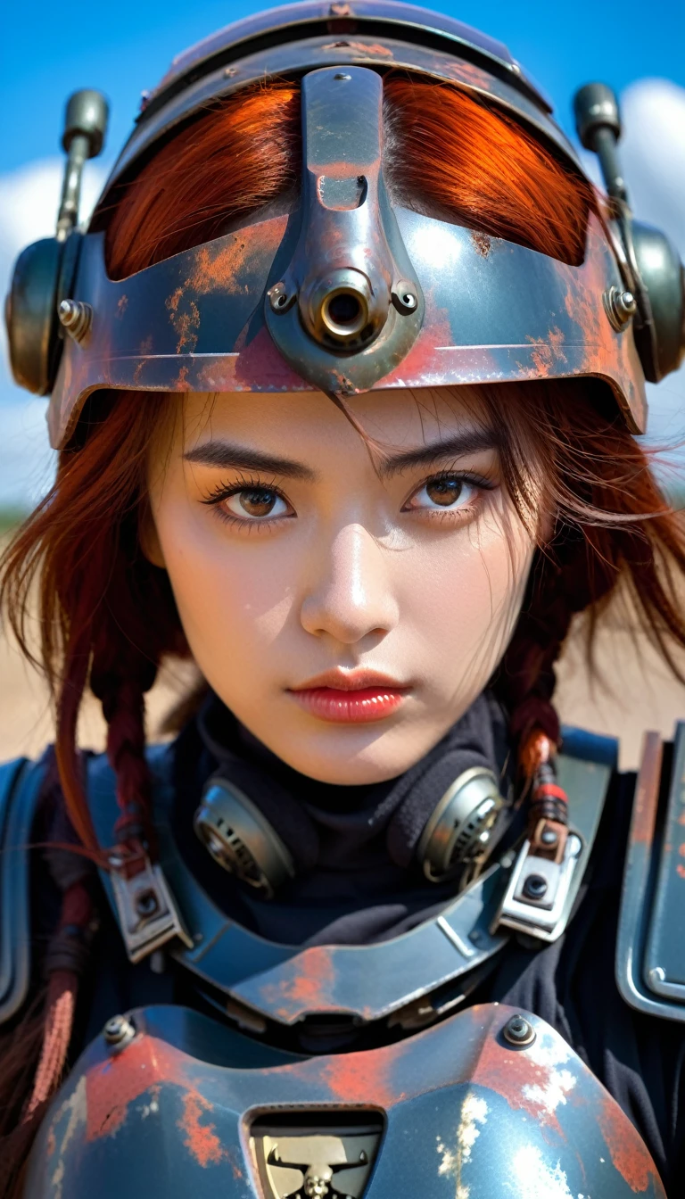 Close-up of a ((extremely beautiful girl warior)) , half human, half machine, their faces a bit partially obscured by military helmets. Their eyes are filled with sadness and longing. The background is a trail of blood and violence. SHe wears a mechanized robot armor, carved with animal elements, human skulls. The sky is filled with swirling, fiery clouds. The photo conveys a strong sense of the warrior's appearance