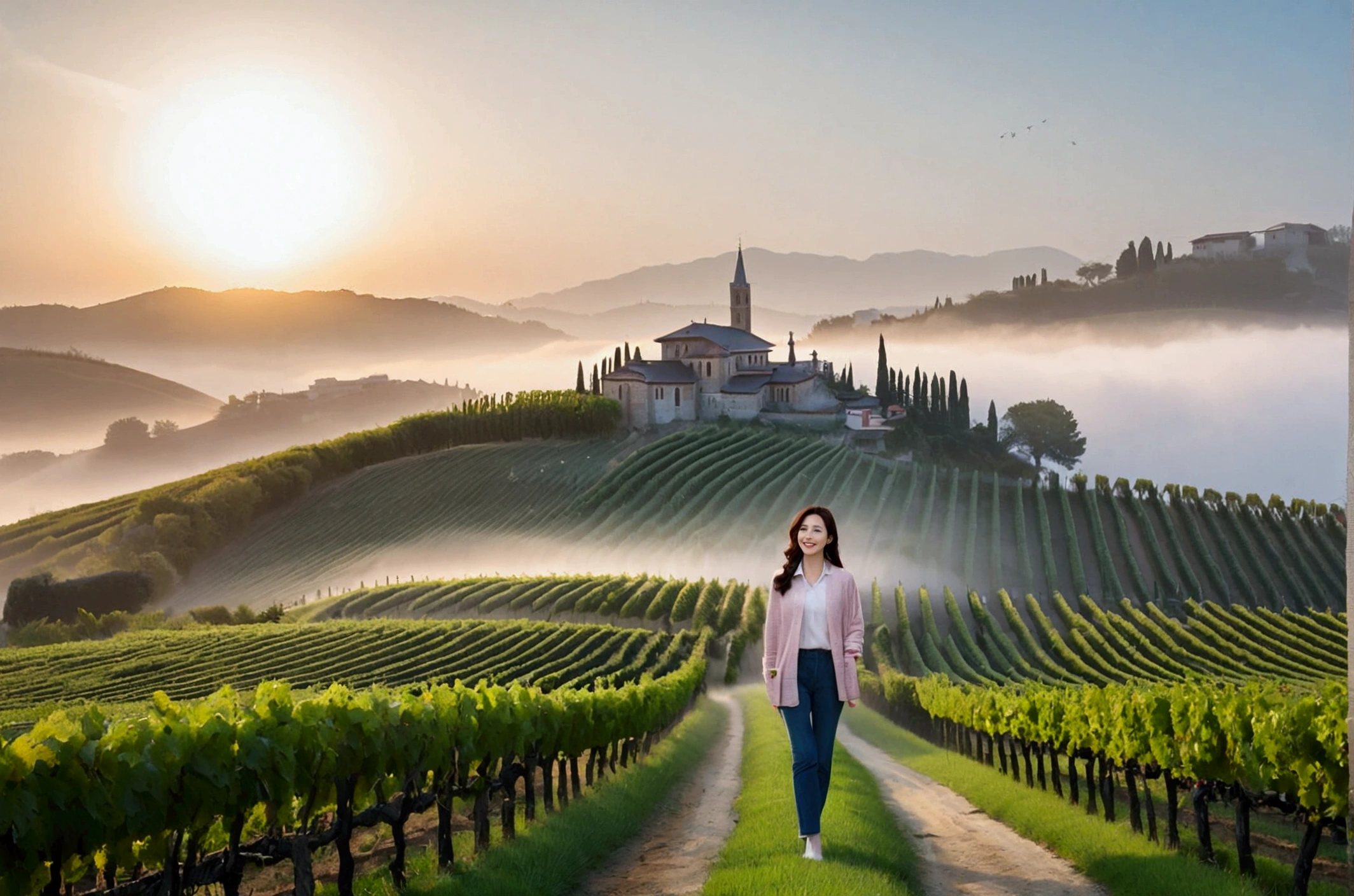 8k, ultra high resolution, best quality, masterpiece, 三分割法によるpicture,surreal, picture, 1 woman, (36 years old:1.3), Pretty Woman, Cute face, Beautiful Eyes in Every Detail, 細かくdetailedに,masterpiece,, a woman:1.2, Korean female announcer, Inspired by Son Ye-jin. whole body,young wife,Light pink collared shirt and short luxury brand cardigan, casual pants, Italian countryside vineyard road, foggy vineyard at dawn, A cathedral can be seen in the distance in the fog., look up at the sky , Full of cleanliness,a relaxed smile,heal the heart, short medium hair,beauty,long neck、Smile a little、Please shut your mouth and smile、(((ideal body type))),A cup small breasts :2,、portrait:2、complete anatomy、鮮明なdetailed、detailed、surreal, 캐논 16-35 광각렌즈 whole body샷, Show the pants part, Vivid picture quality, clearly, walking on a path, whole body 보이게