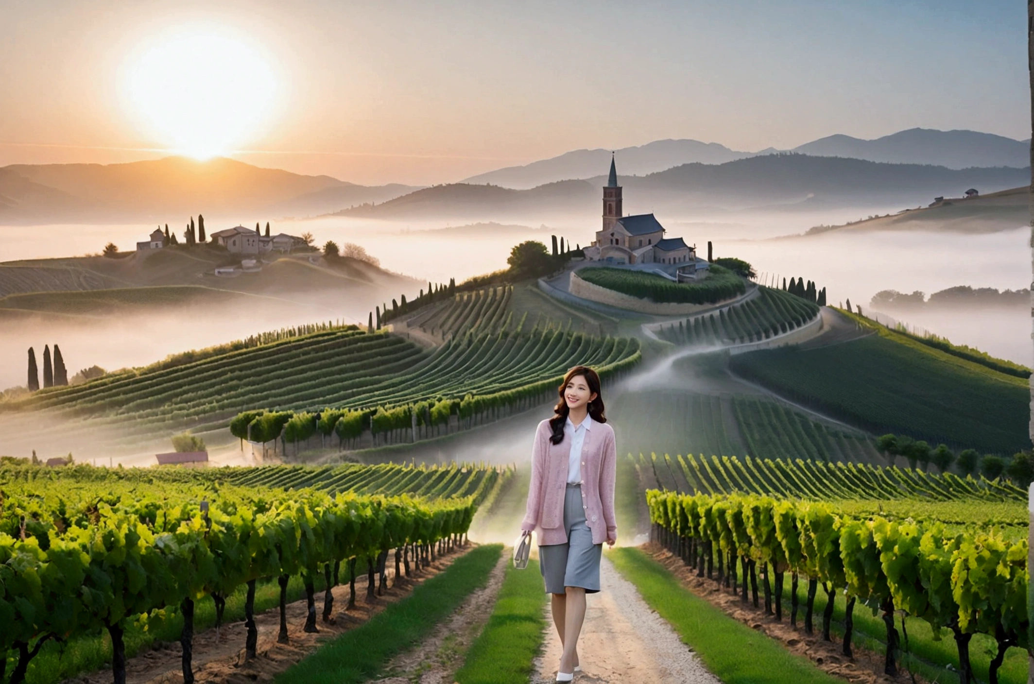 8k, ultra high resolution, best quality, masterpiece, 三分割法によるpicture,surreal, picture, 1 woman, (36 years old:1.3), Pretty Woman, Cute face, Beautiful Eyes in Every Detail, 細かくdetailedに,masterpiece,, a woman:1.2, Korean female announcer, Inspired by Son Ye-jin. whole body,young wife,Light pink collared shirt and short luxury brand cardigan, casual pants, Italian countryside vineyard road, foggy vineyard at dawn, A cathedral can be seen in the distance in the fog., look up at the sky , Full of cleanliness,a relaxed smile,heal the heart, short medium hair,beauty,long neck、Smile a little、Please shut your mouth and smile、(((ideal body type))),A cup small breasts :2,、portrait:2、complete anatomy、鮮明なdetailed、detailed、surreal, 캐논 16-35 광각렌즈 whole body샷, Show the pants part, Vivid picture quality, clearly, walking on a path, whole body 보이게