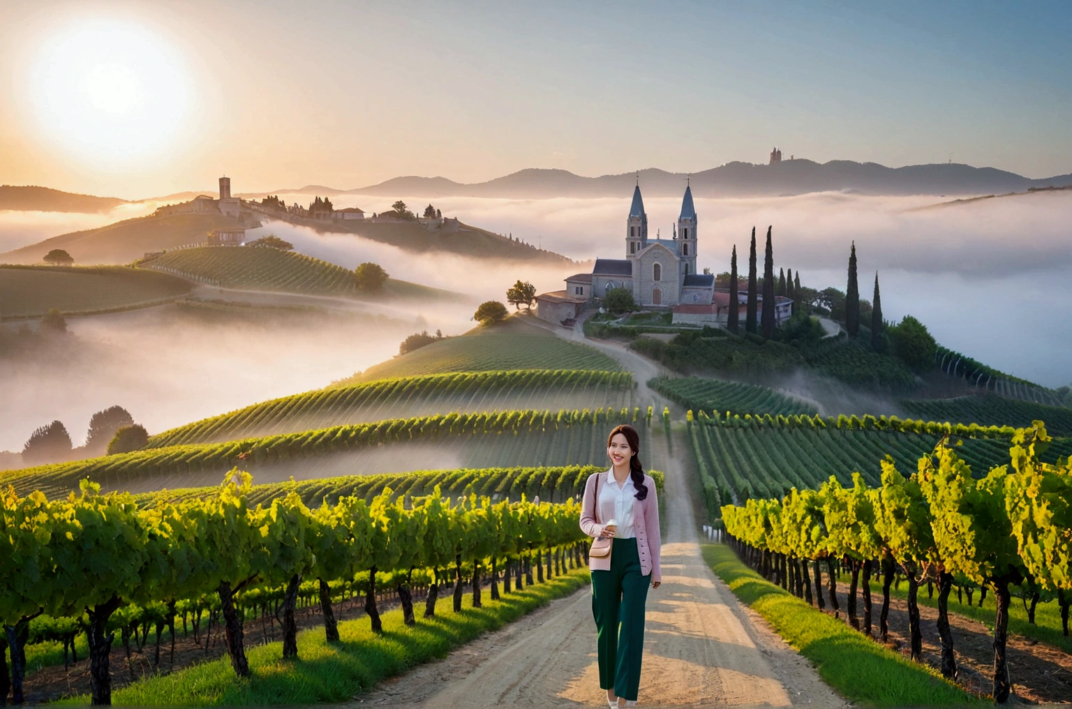 8k, ultra high resolution, best quality, masterpiece, 三分割法によるpicture,surreal, picture, 1 woman, (36 years old:1.3), Pretty Woman, Cute face, Beautiful Eyes in Every Detail, 細かくdetailedに,masterpiece,, a woman:1.2, Korean female announcer, Inspired by Son Ye-jin. whole body,young wife,Light pink collared shirt and short luxury brand cardigan, casual pants, Italian countryside vineyard road, foggy vineyard at dawn, A cathedral can be seen in the distance in the fog., look up at the sky , Full of cleanliness,a relaxed smile,heal the heart, short medium hair,beauty,long neck、Smile a little、Please shut your mouth and smile、(((ideal body type))),A cup small breasts :2,、portrait:2、complete anatomy、鮮明なdetailed、detailed、surreal, 캐논 16-35 광각렌즈 whole body샷, Show the pants part, Vivid picture quality, clearly, walking on a path, whole body 보이게