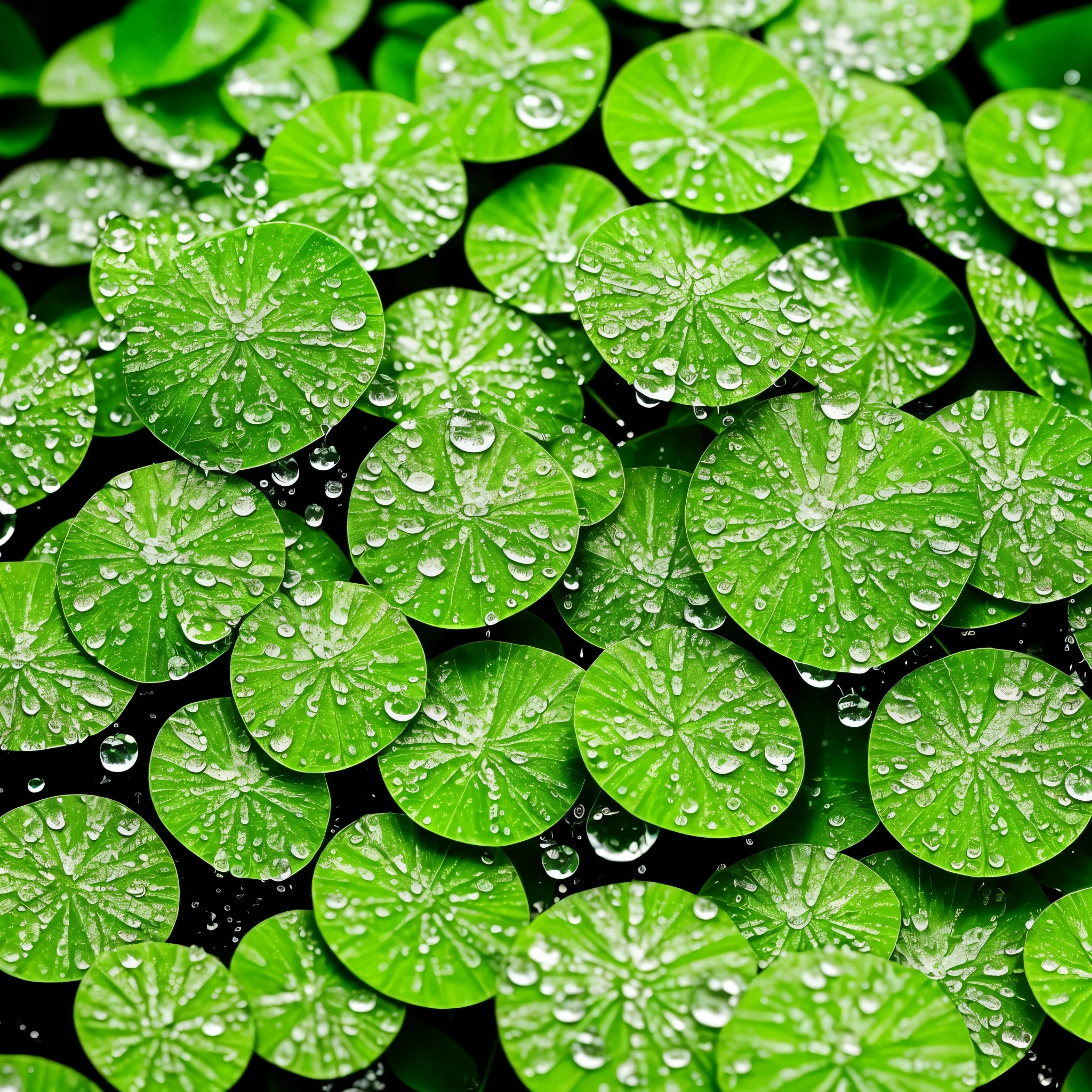 a close up of a bunch of green plants with water droplets, a macro photograph by Hideyuki Kikuchi, flickr, conceptual art, dew drops, dewdrops, lots of raindrops, raindrops, rain drops, droplets, four leaf clover, covered in water drops, dew, green rain, green colors, #green, clover, shades of green