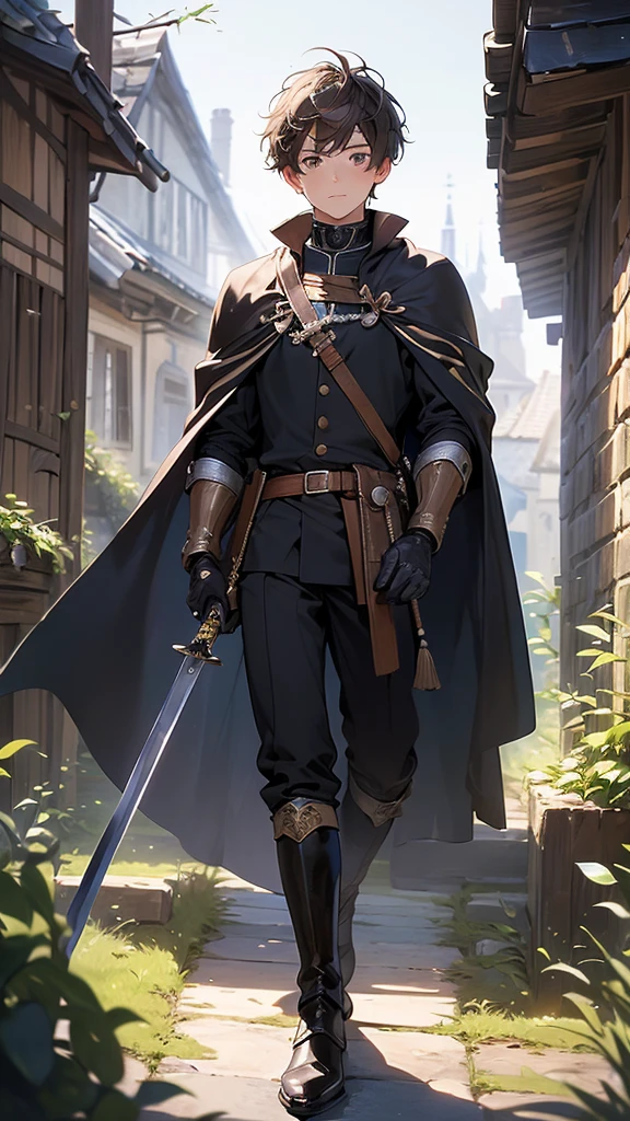 (artistry, best qualityer, ultradetailed, high resolution, 4K),(beautiful detailed eyes),(very highly detailed face),(1 young boy),HDR, naughty man, short-hair, brownhair, eyes browns, medieval black pants, black medieval boots, black gloves, Wearing a Cape, holding your sword, standing on a deserted mountain,