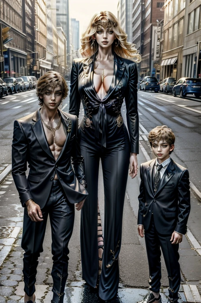 Tall wife in the middle, short husband in the left, short son in the right, beautiful faces, wife is wearing suit and pants, wife has big , wife is showing cleavage, wife is ripped, wife's suit has a belly button cutout, wife has ripped visible abs, make the girls even more taller than the boys, boys are very thin and weak, boys wearing suit and pants, wife is standing barefoot, boys are wearing office shoes