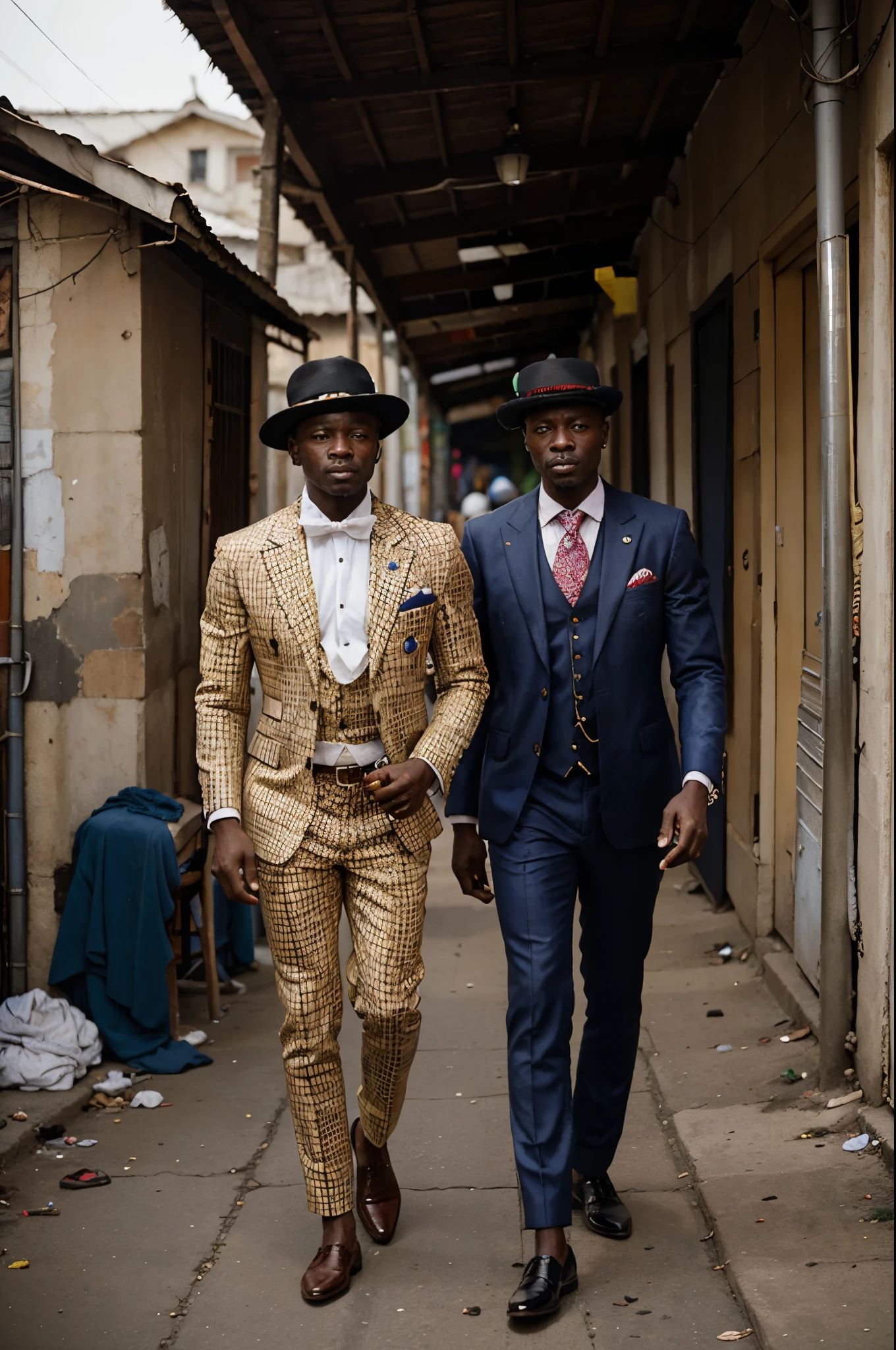 a striking and contrasting scene featuring the sapeurs of Congo. The sapeurs should be dressed in elegant, colorful suits, each with unique patterns and designs. Include details like polished shoes, fashionable hats, and matching accessories. The background should depict the slums of Congo, with makeshift homes and narrow, bustling alleyways. The contrast between the sapeurs' sophisticated attire and the humble surroundings should highlight their resilience, confidence, and unique sense of style amidst adversity.