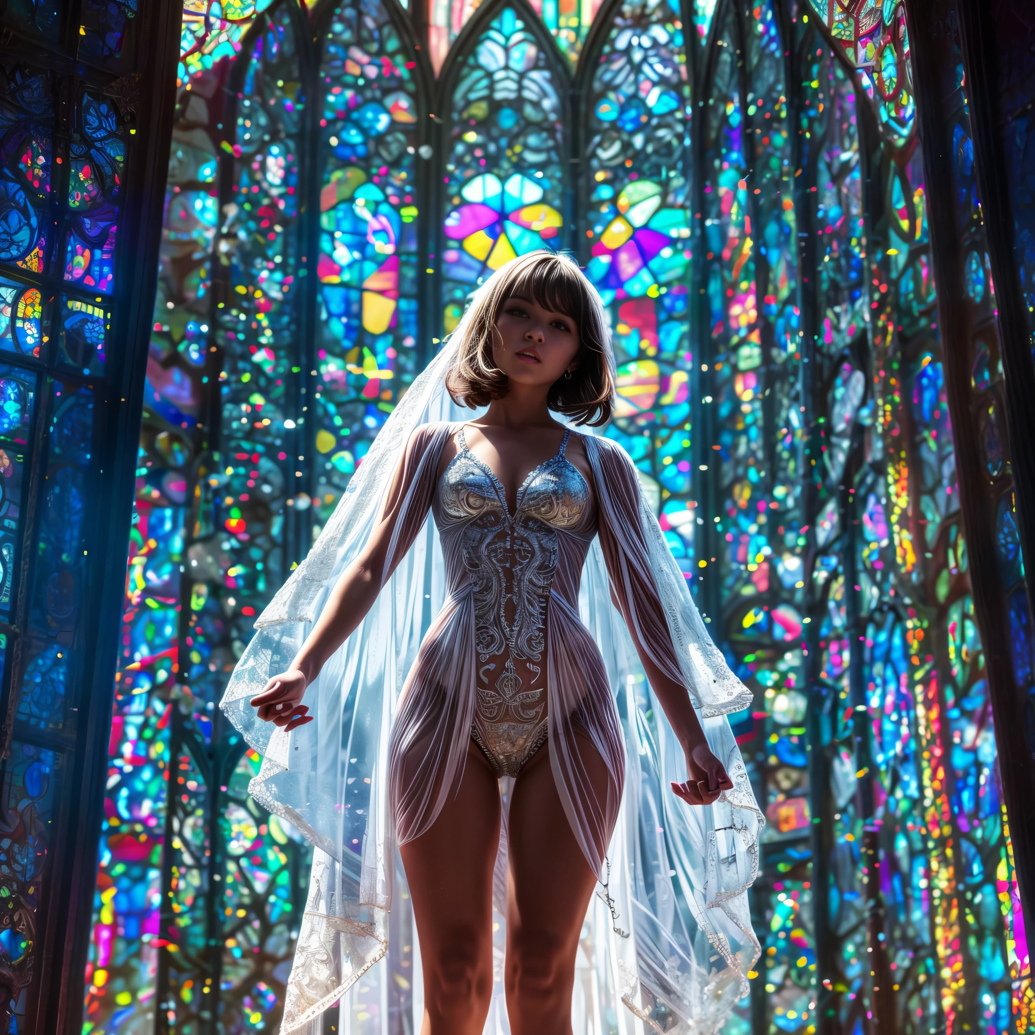  (Cathedral from below:1.28) (ZoomLayer) TopQuality 8K masterpiece of ((Professional photo)), (((Clarisse de Cagliostro))) (Detailed White WeddingDresses), Chain, (((Extremely detailed KAWAII face))) {((VeiledFace))|BlondeHair|(Elaborate BuleEyes)with(SparklingHighlights:1.28)}, The background is distant (((Elaborate stained glass))) Rainbow Glass, {(MysticSight)|EnchantingAtmosphere|Haze|(GodRays)|TyndallEffect}, Radiant PearlSkin with Transparency, (Exposed:0.39)