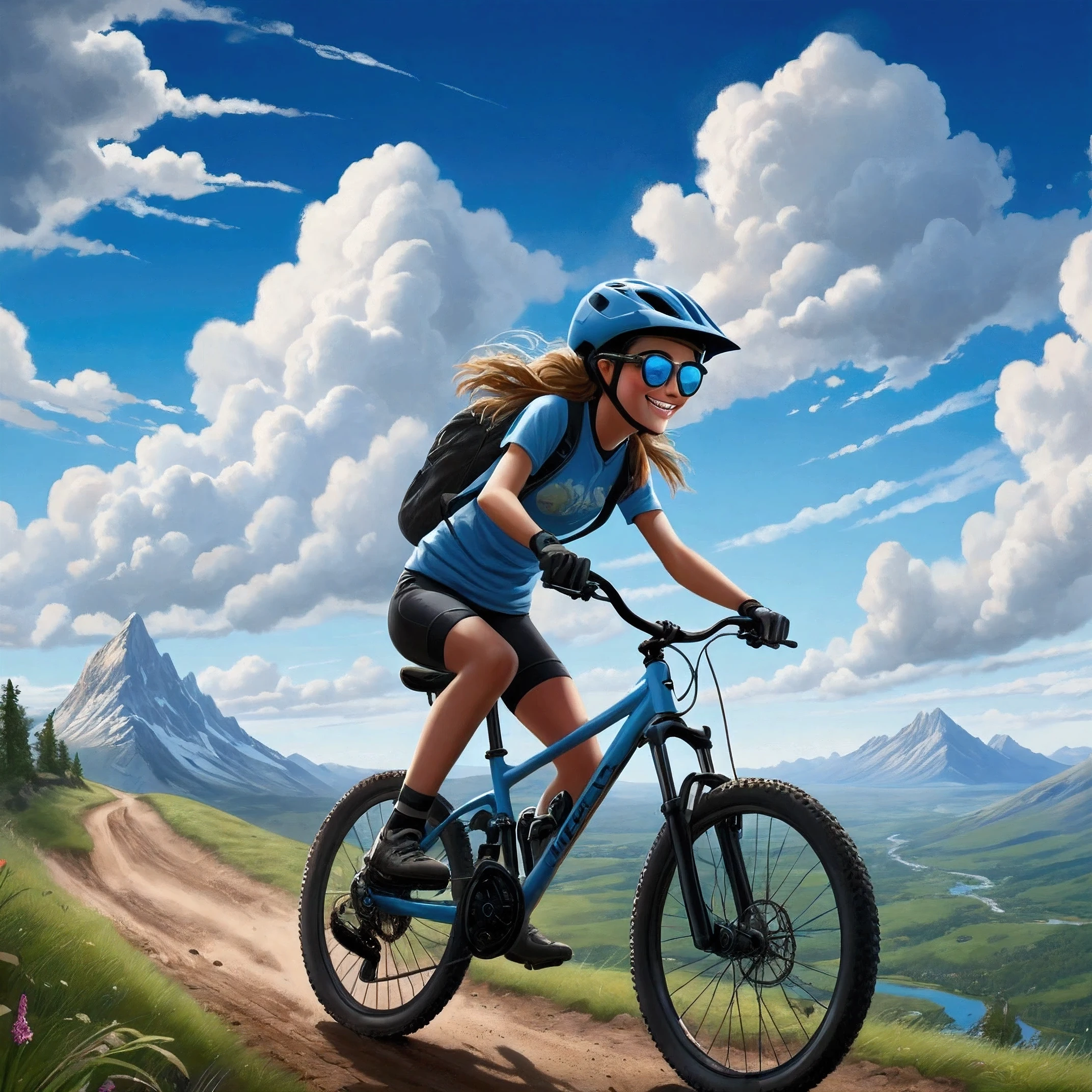 A RealCartoon-XL style illustration of a happy 16-year-old girl mountain biking on a Commencal bike. She is geared up with a helmet, gloves, sunglasses, and cycling shoes. The background is a captivating landscape with blue skies, scattered clouds, and rain falling in the distance.